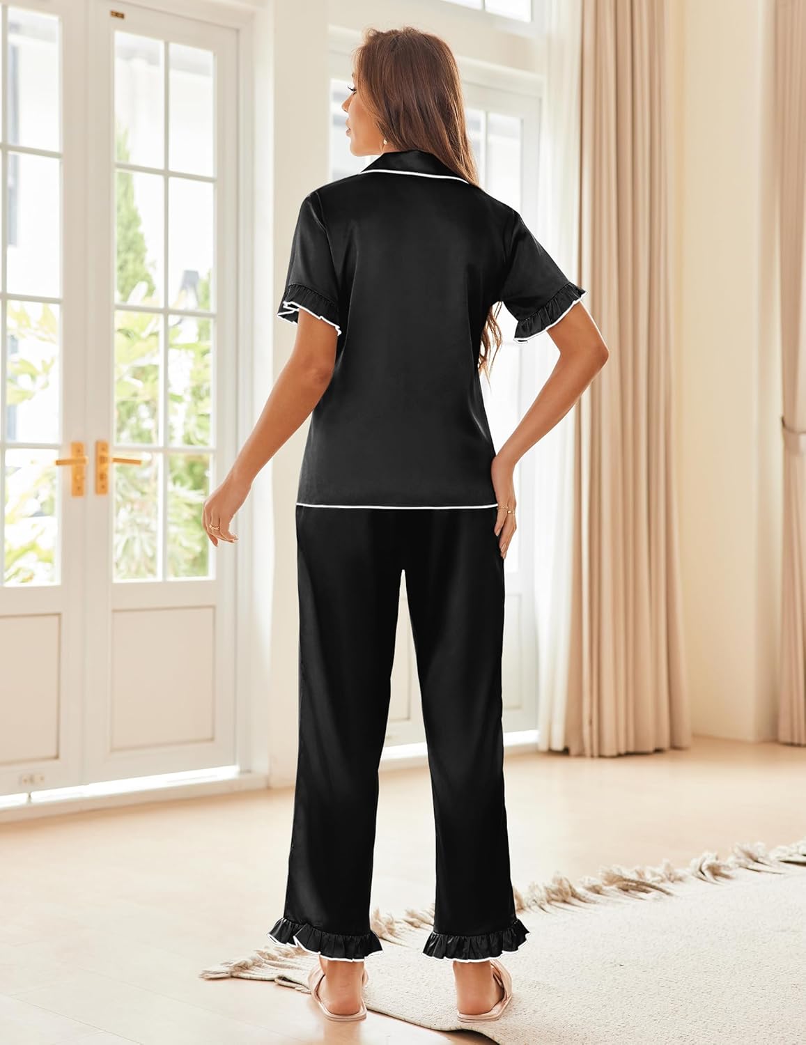 Ekouaer Silk Pajamas for Women Satin Short Sleeve Pajamas Set with Ruffle 2 Pieces Button Down Tops and Pants - Image 3