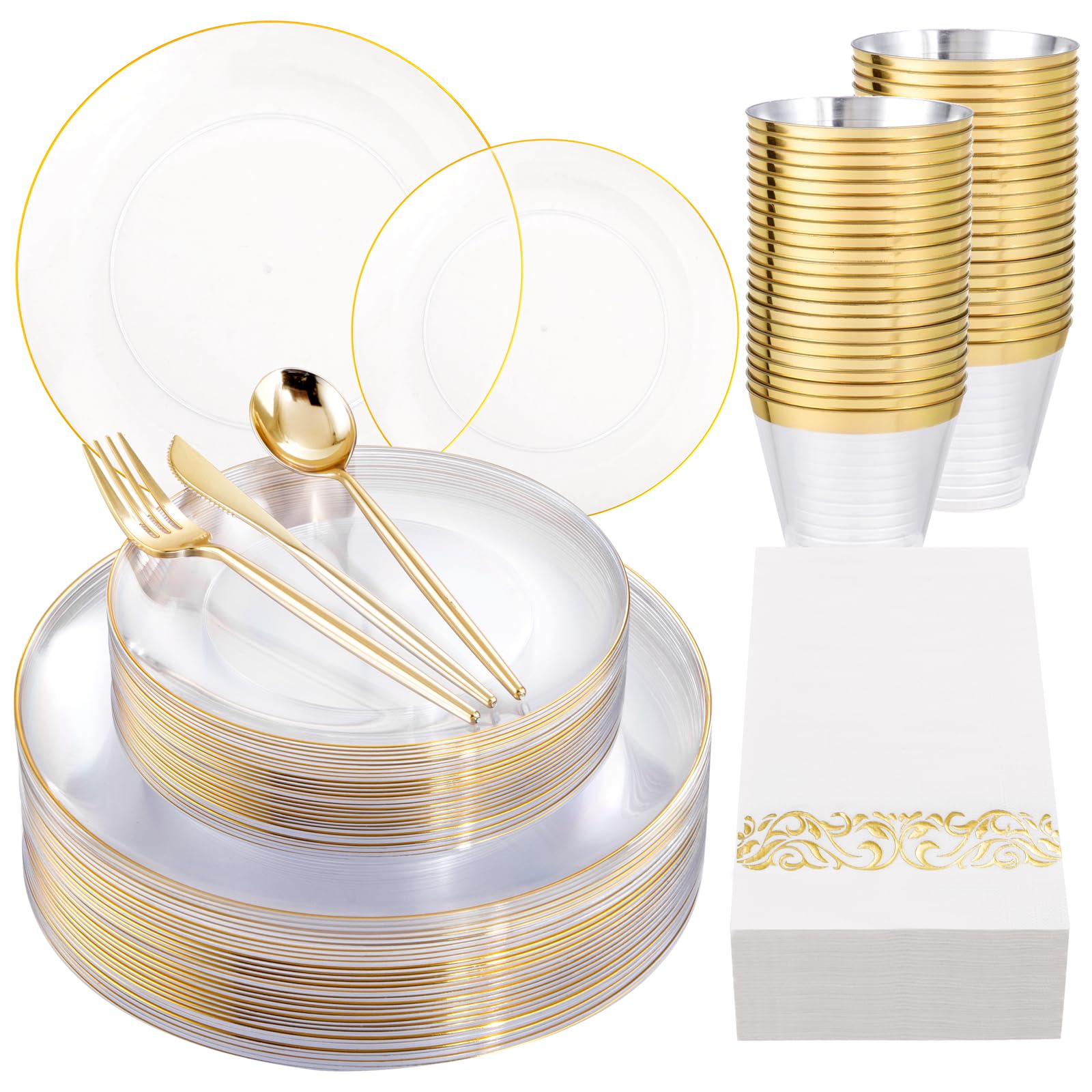 LUODA 210Pcs Clear and Gold Plates for 30 Guests, Plastic Plates for Party, Includes:30 Gold Dinner Plates, 30 Gold Dessert Plates, 30 Paper Towels with 90 Silverware & 30 Cups MirthMood