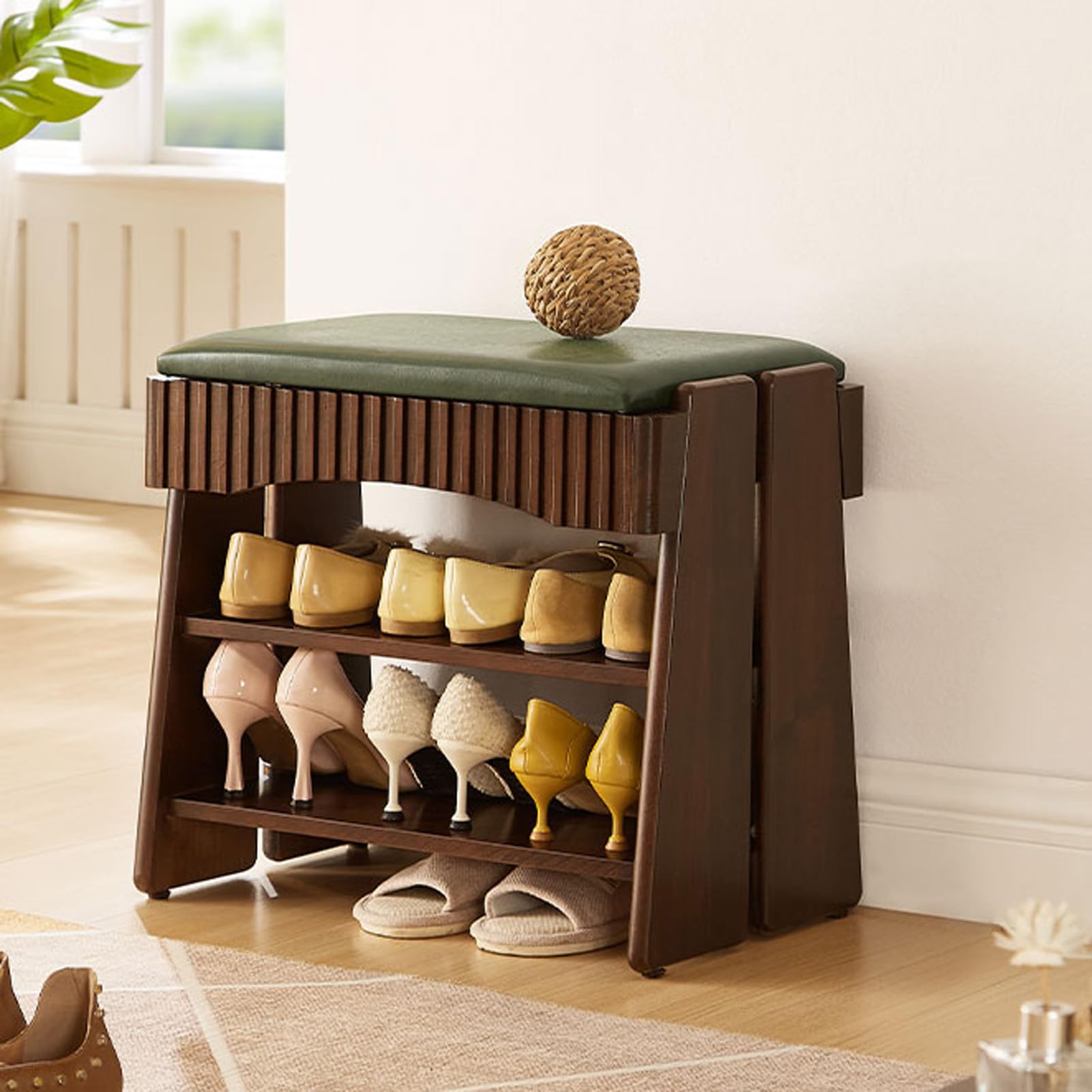 Étagère de rangement chaussures en bois entrée banquette rembourrée