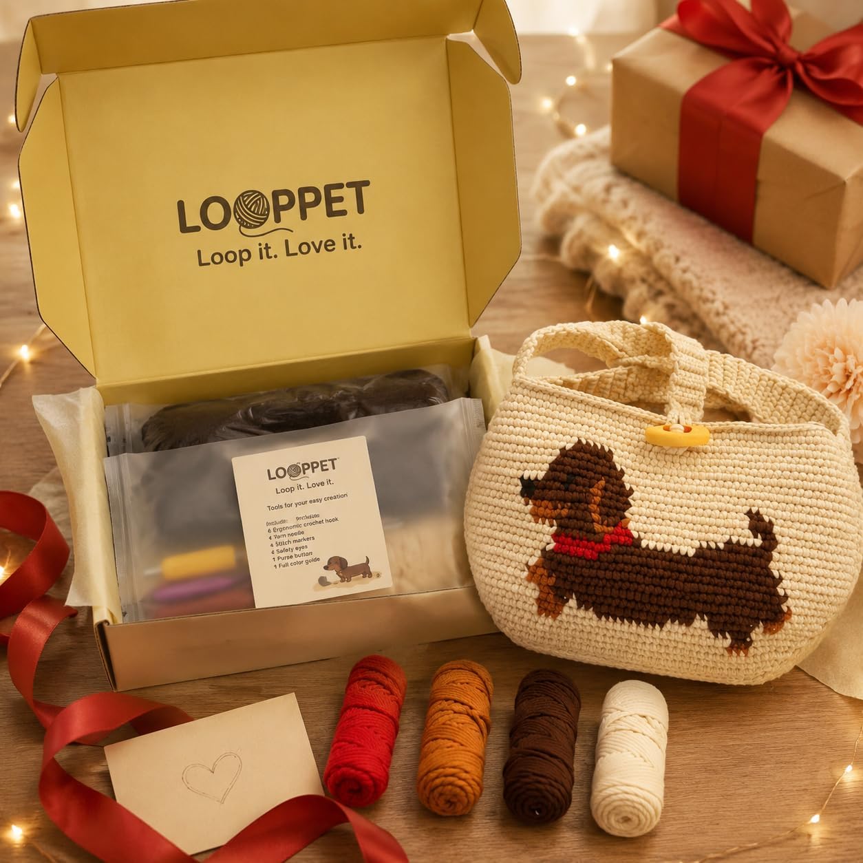 LOOPPET Crochet Kit for Beginners, DIY Pixel Art Dachshund Shoulder Bag