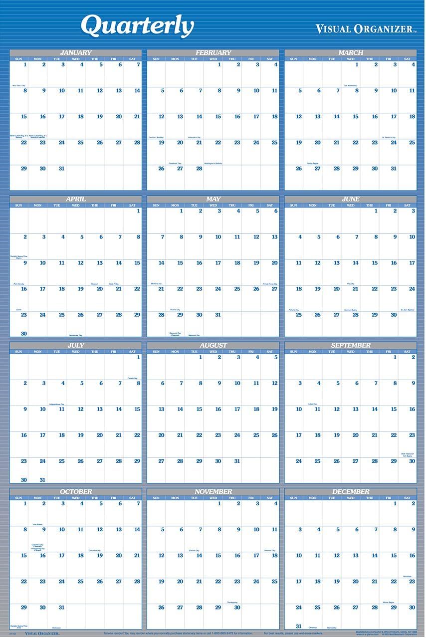 Visual Organizer Vertical/Horizontal Yearly Erasable Wall Planner, 36 x 24 Inches, Dark Blue, 2011 (A1102-11)