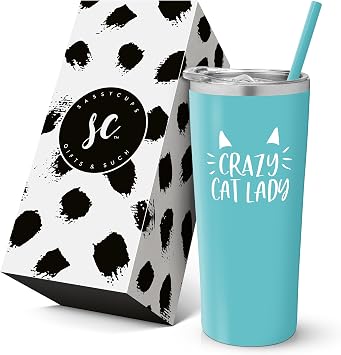 Cat Tumbler - Stainless Steel Vacuum Insulated Crazy Cat Lady Travel Mug with Lid and Straw - Cat Themed Mug For Cat Lovers - New Cat Mom Cup For Women - Valentines Day Cat Mug - Cat Insulated Tumbler