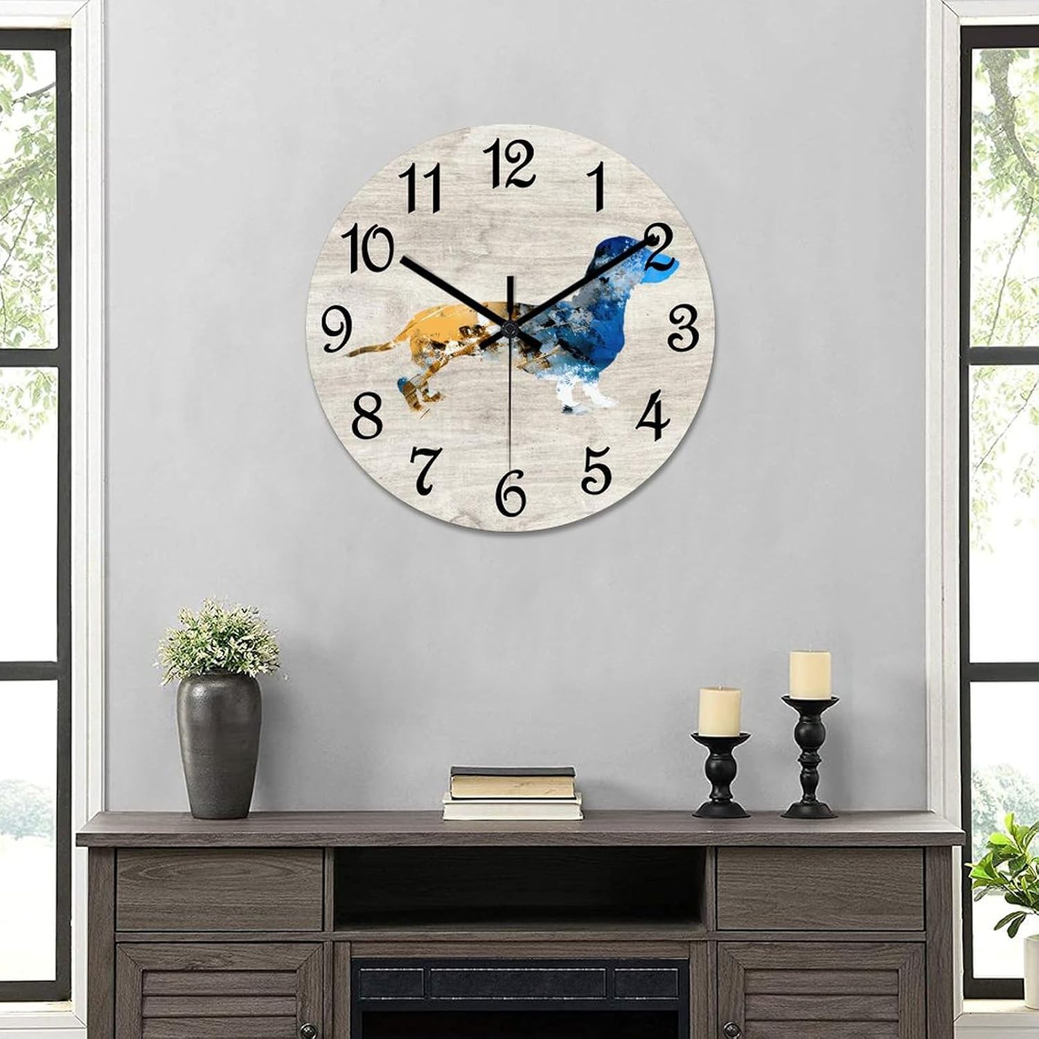 Dachshund Round Wall Clock Puppy Doggy Clock Wall Art Wood Clock Silent Non-Ticking Decorative Wall Clock for Living Room Bedroom Kitchen 15"