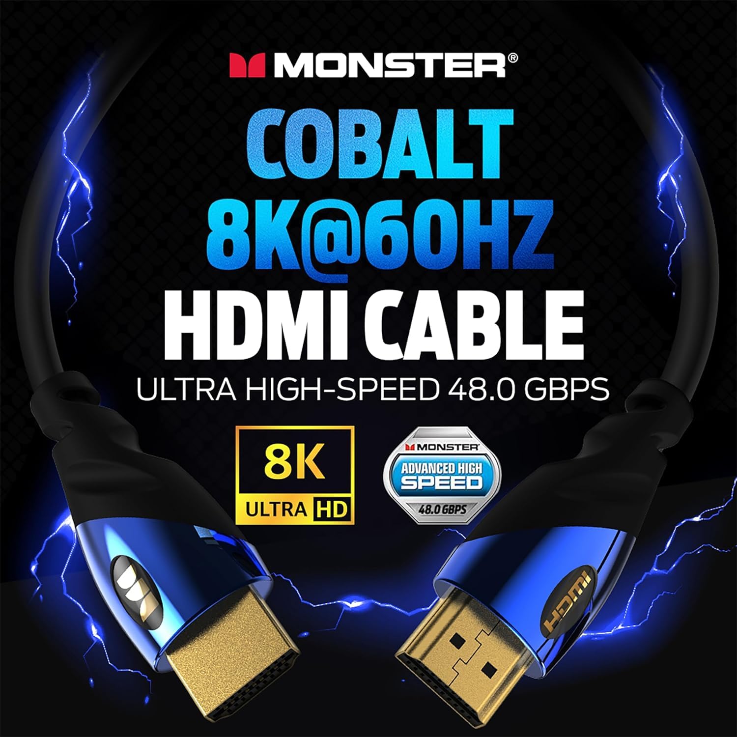 Monster Cable HDMI 8K — X Box Series X y PlayStation 5 HDMI Cable con contactos de oro de 24 K y agarre en V, velocidad de 48 Gbps, frecuencia de actualización de 60/120 Hz, HDR dinámico y eARC para