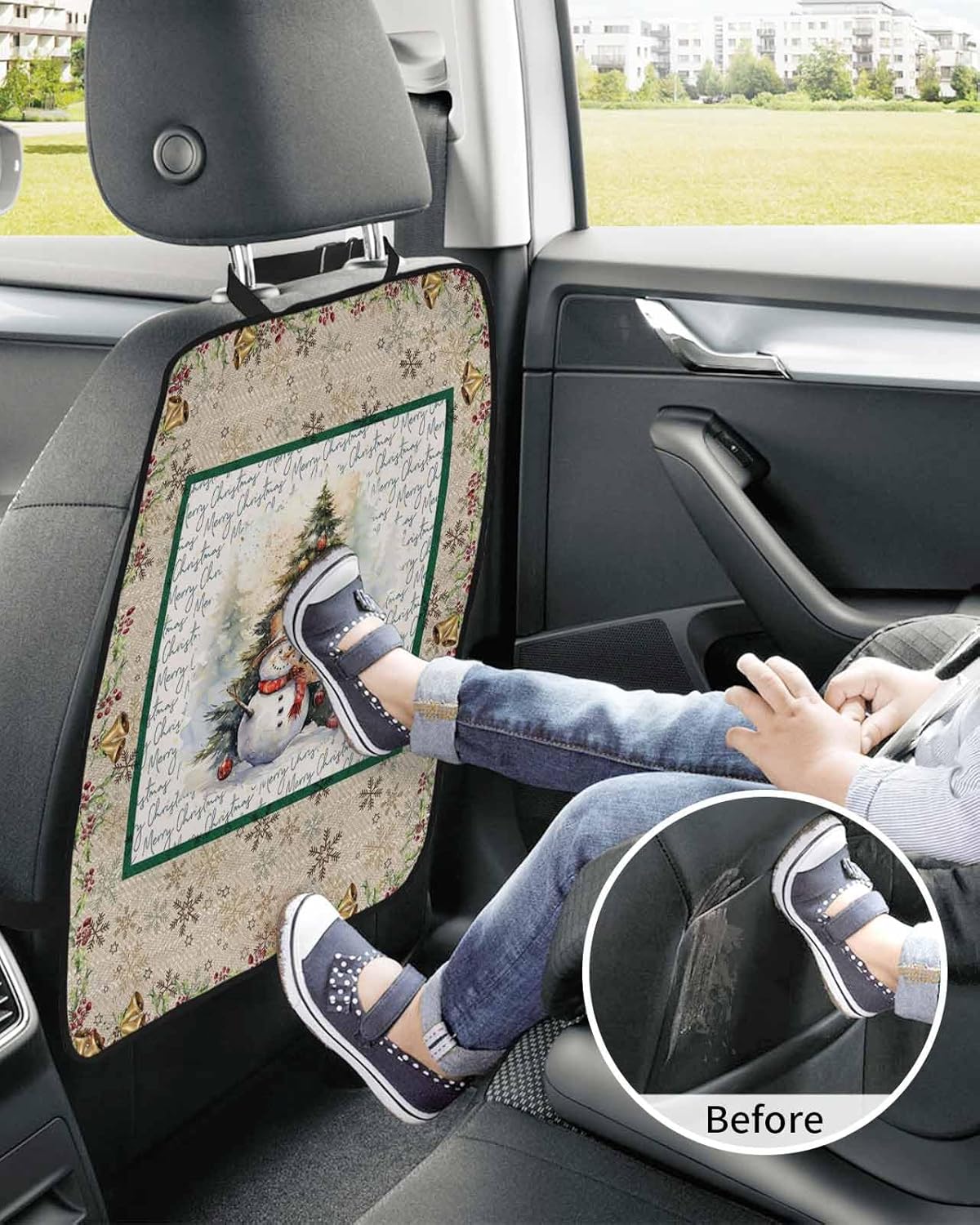 Car Seat Protector, 2 Pack Kick Mats Back Seat Protector Christmas Snowman Xmas Tree Holly Bell Graffiti Retro Waterproof Backseat Cover for Kids Universal Fit Automotive Interior Protectors