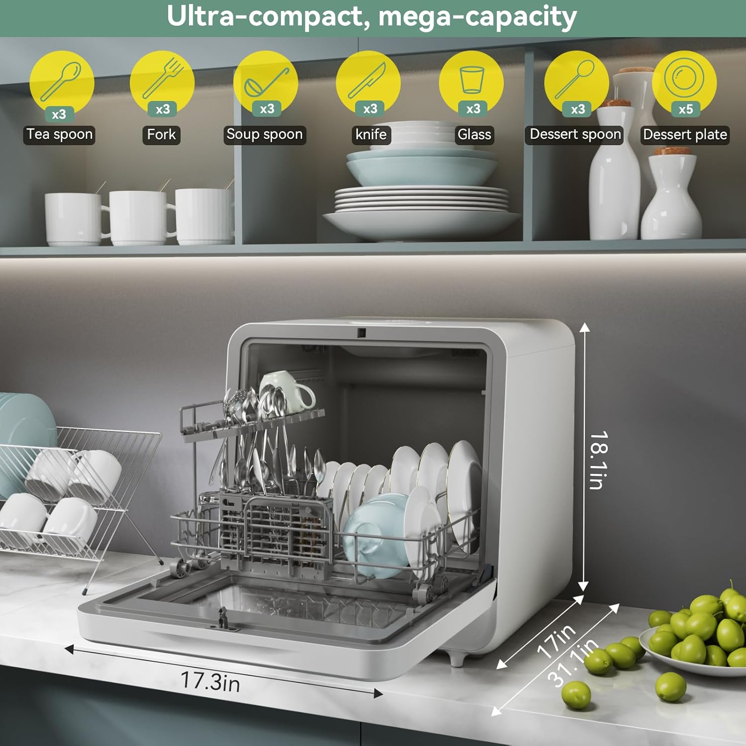 Portable Dishwasher, Countertop Dishwasher with Color Screen, 5 Place Settings & 8 Washing Programs, Mini Dishwashers, 3 Spray Arms with 5 L Built-in Water Tank