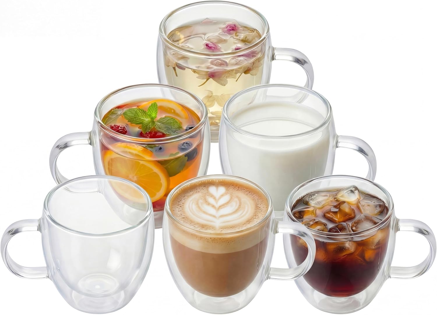 MESNEY Double Wall Insulated Espresso Cups & Mugs, Set of 4, 6.7 oz, Clear Glass for Coffee, Latte, Macchiato, Cappuccino & Tea, Dishwasher Safe