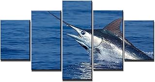 Blue Marlin Fish Wall Decor Ocean Animal Wall Art Large Fish Poster Deep Sea Fishing Picture 5 Piece Painting HD Canvas Print Framed Gifts for Men Decor with Frame Ready to Hang(60''Wx32''H)