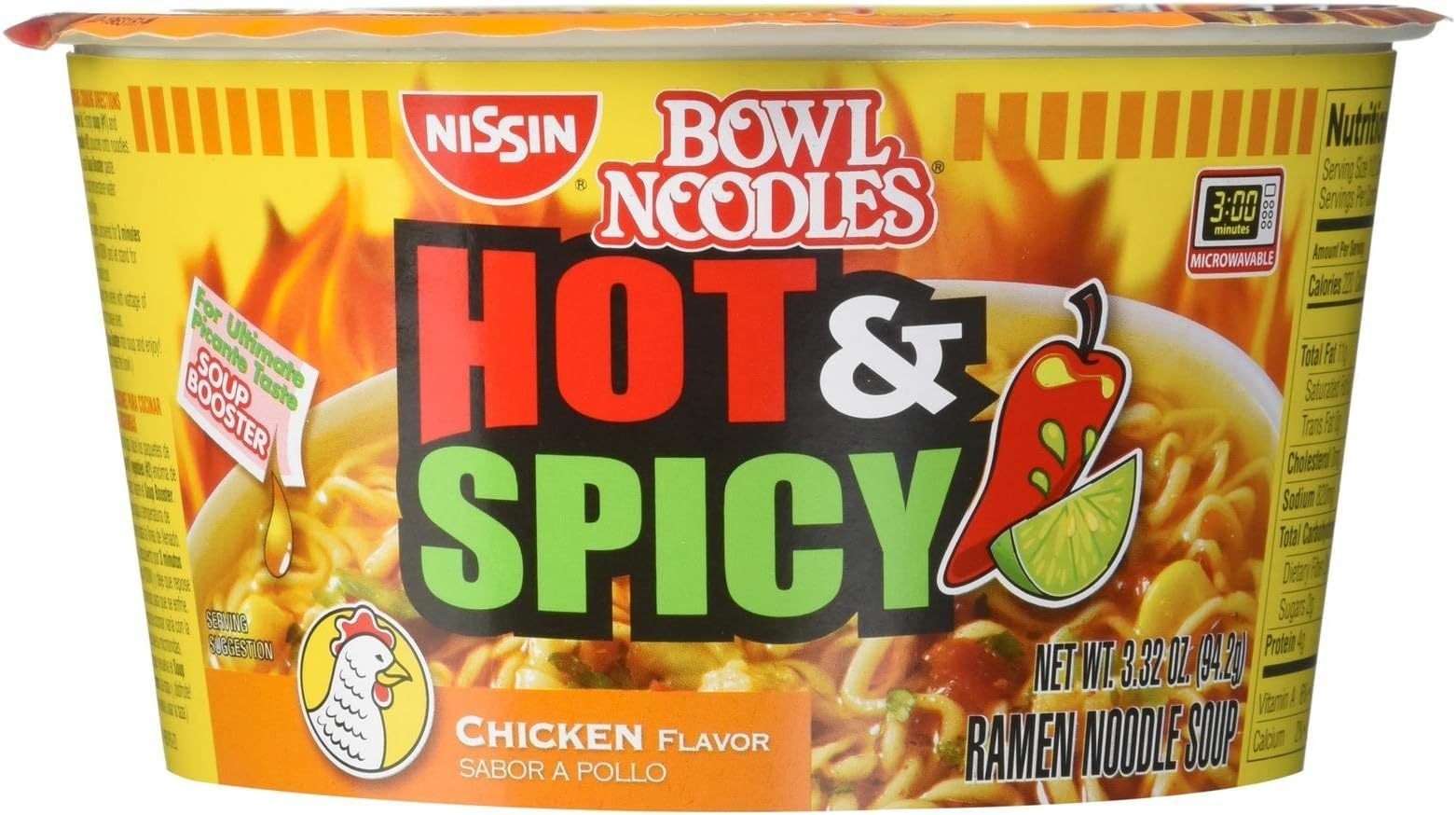 Nissin Noodle Bowl, Hot & Spicy Chicken, 3.32 oz (Pack of 6)
