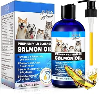 Wild Alaskan Salmon Oil for Dogs & Cats - Pure Omega 3 & 6 EPA DHA Liquid Supplement for Skin & Coat Health - 250ml Bottle...