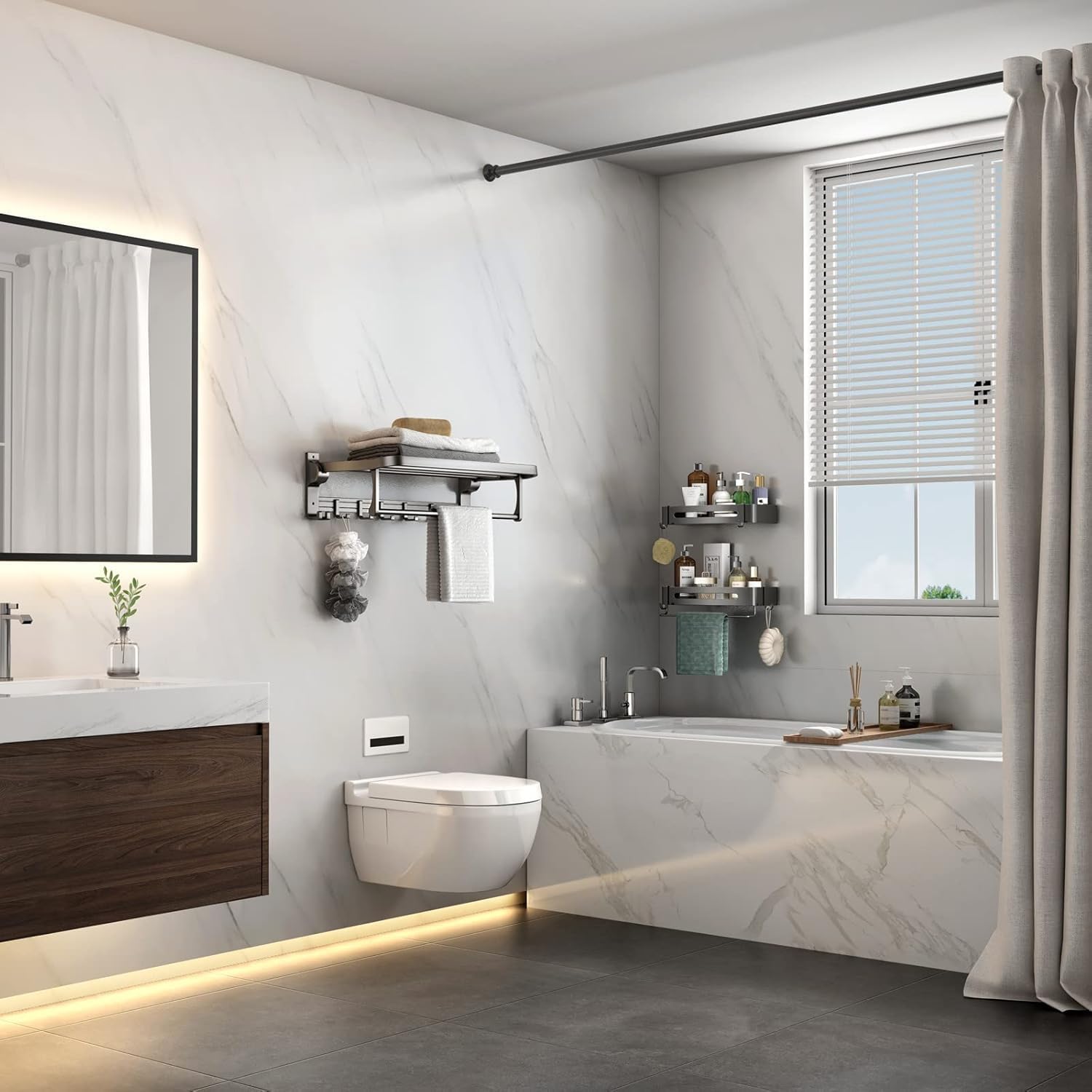 Mustorn Bathroom Towel Rack with Towel Bar and Hooks 23.6 in Foldable Towel Shelf Wall Mounted Lavatory Towel Organizer Modern Gray Finish