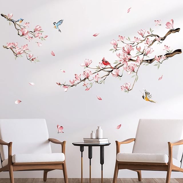 decalmile Magnolia Flowers Tree Branch Wall Decals Pink Floral Blossom Birds Wall Art Stickers Girls Bedroom Living Room TV Sofa Wall Decor