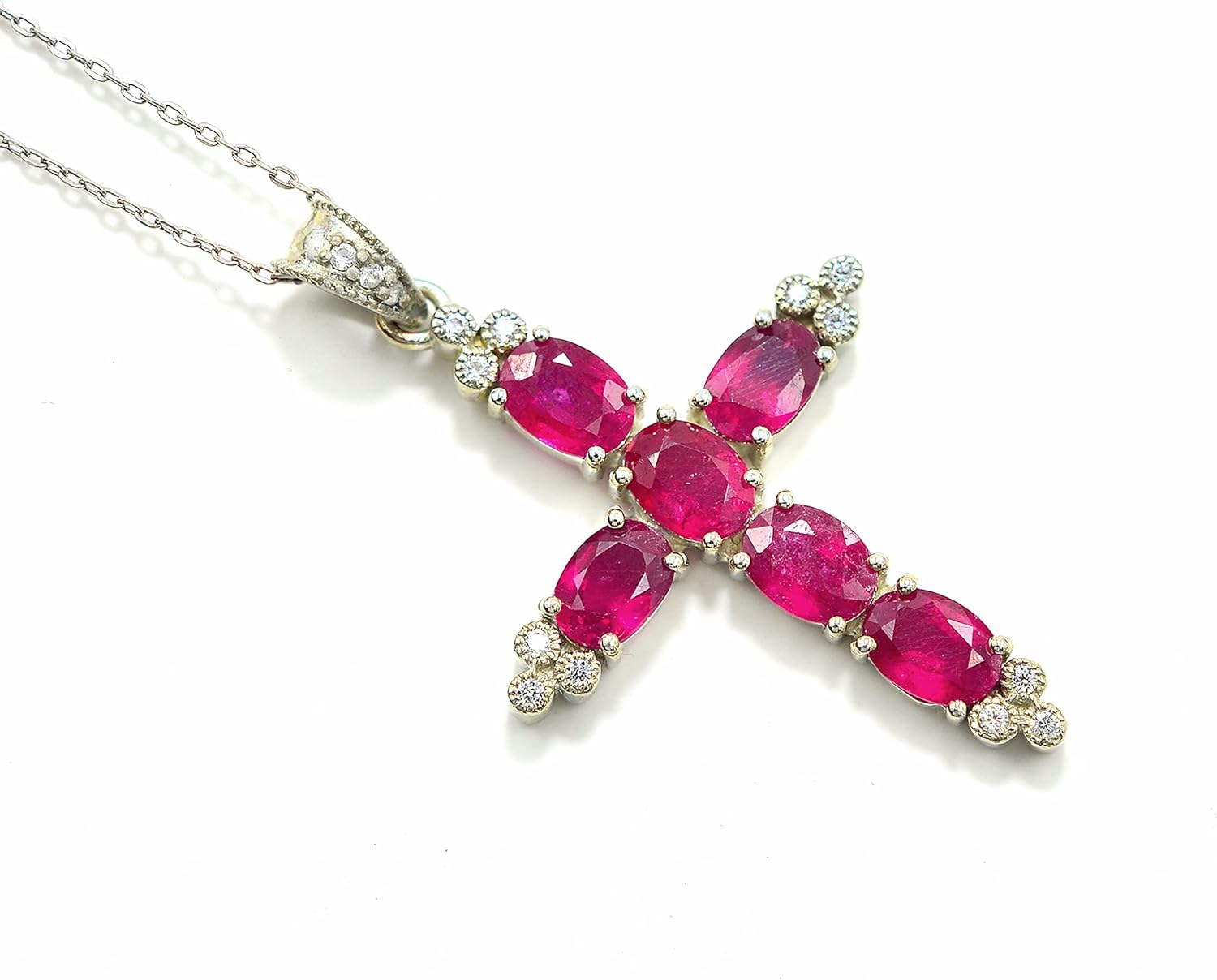 Natural Red Ruby 7X5 MM Oval Cut Holy Cross Pendant Necklace 925 Sterling Silver July Birthstone Ruby Jewelry Proposal Necklace Gift For Girlfriend (PD-8481)