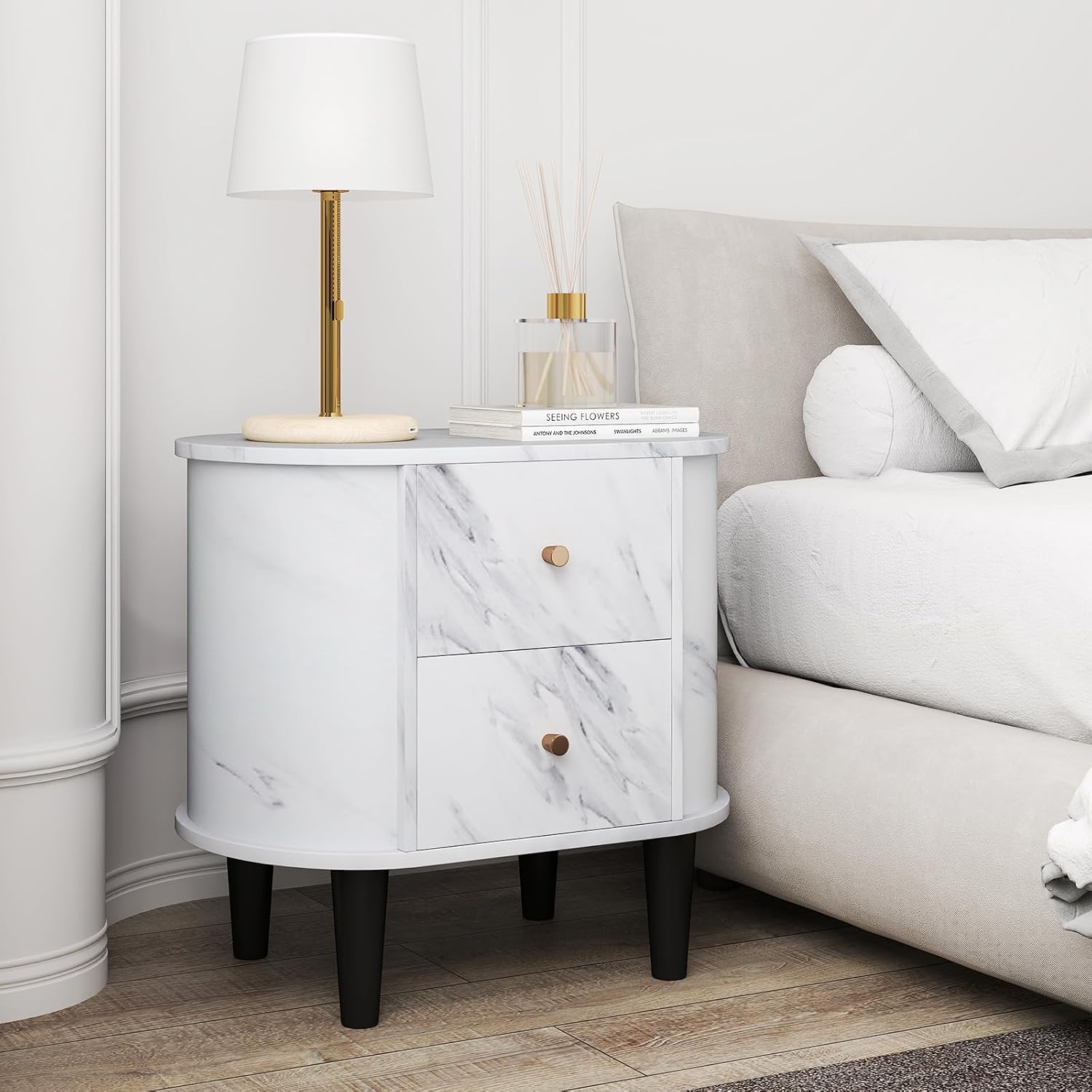 KOMFOTT Oval Faux Marble Nightstand with 2 Drawers, Modern Bedside Table, Wooden Accent Side End Table for Small Space, Bedroom (White,1)