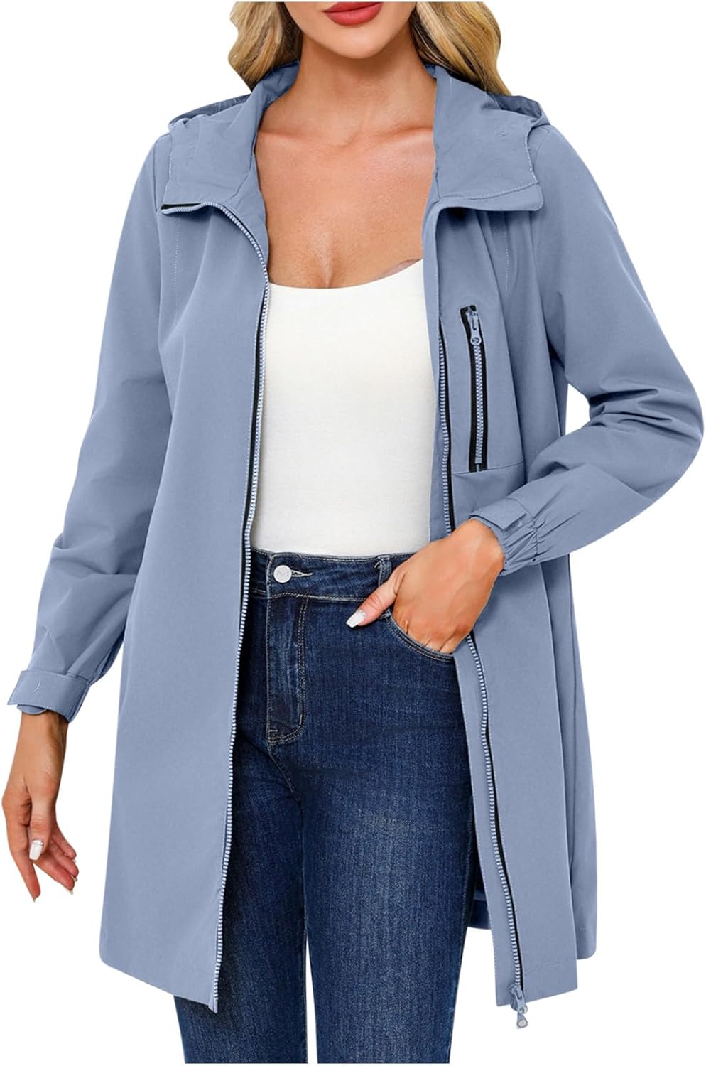 YRAETENM Rain Jacket Women Waterproof Long Rain Coats Windbreaker Jackets Lightweight Raincoats Travel Hooded Trench Coats