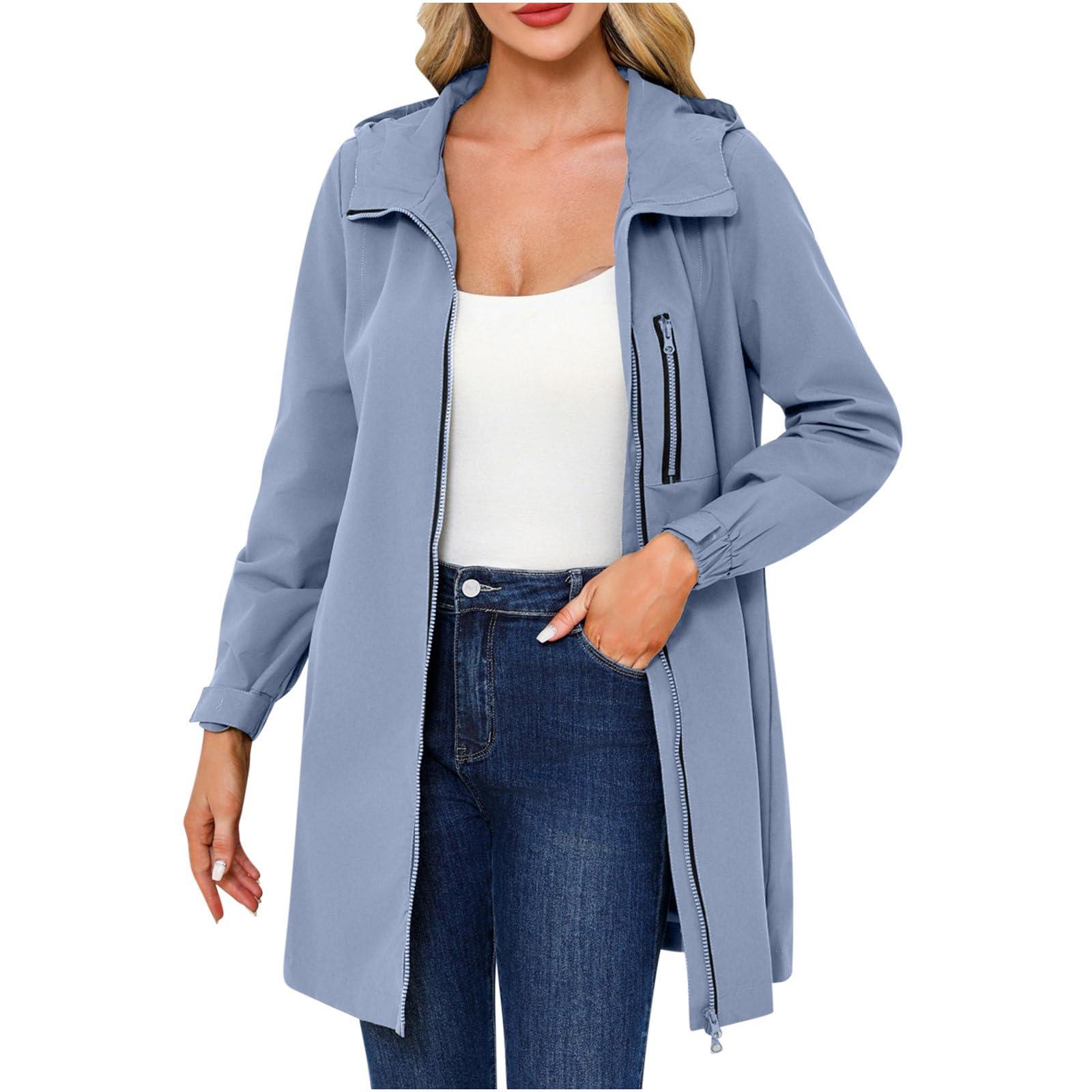 NZYIHAO Trench - Giacca impermeabile da donna, antivento, casual, tinta unita, con cappuccio, giacca a vento invernale con chiusura lampo, a maniche lunghe, giacca invernale larga, taglie forti