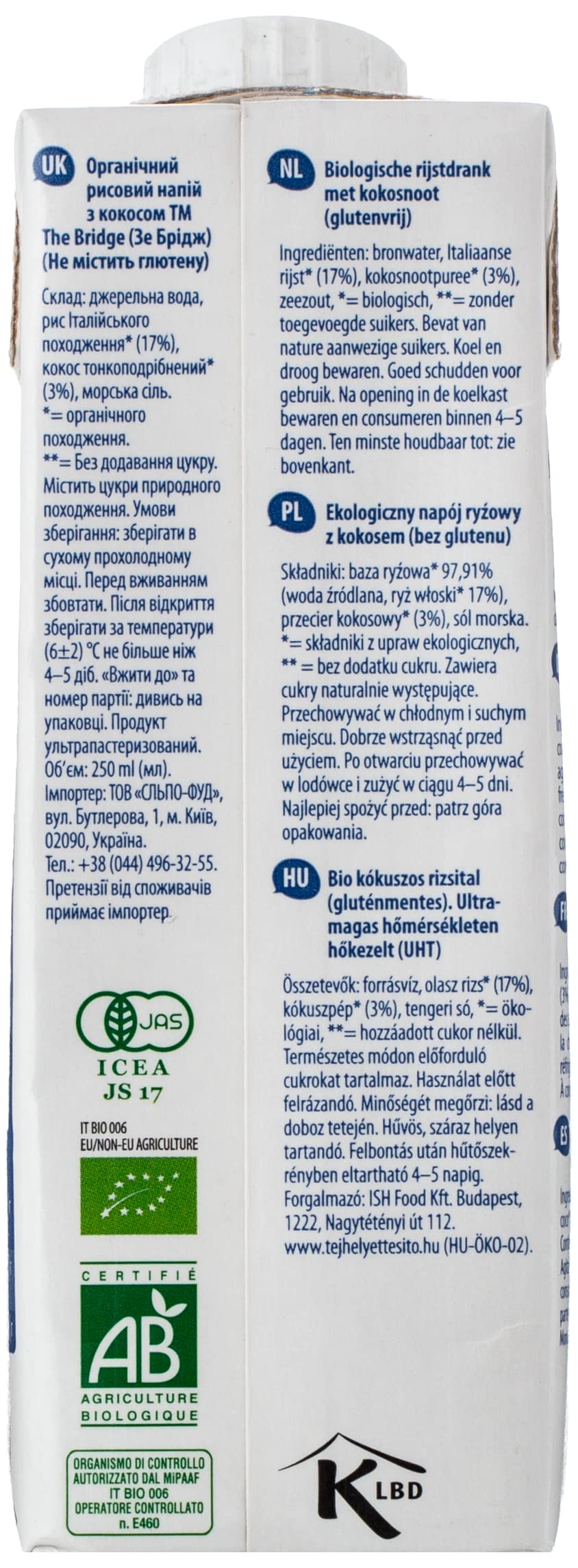 Reisdrink mit Kokos ohne Gluten 250ml EKO The Bridge