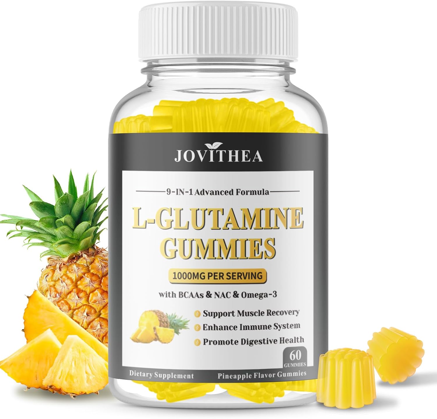 L-Glutamine Gummies 1000mg, Glutamine Supplement for Women & Men, with BCAAs, Magnesium & NAC, Support Gut, Muscle Health & Immunity, Vegan, Non-GMO, Gluten Free, Keto Friendly,Pineapple Flav, 60Ct