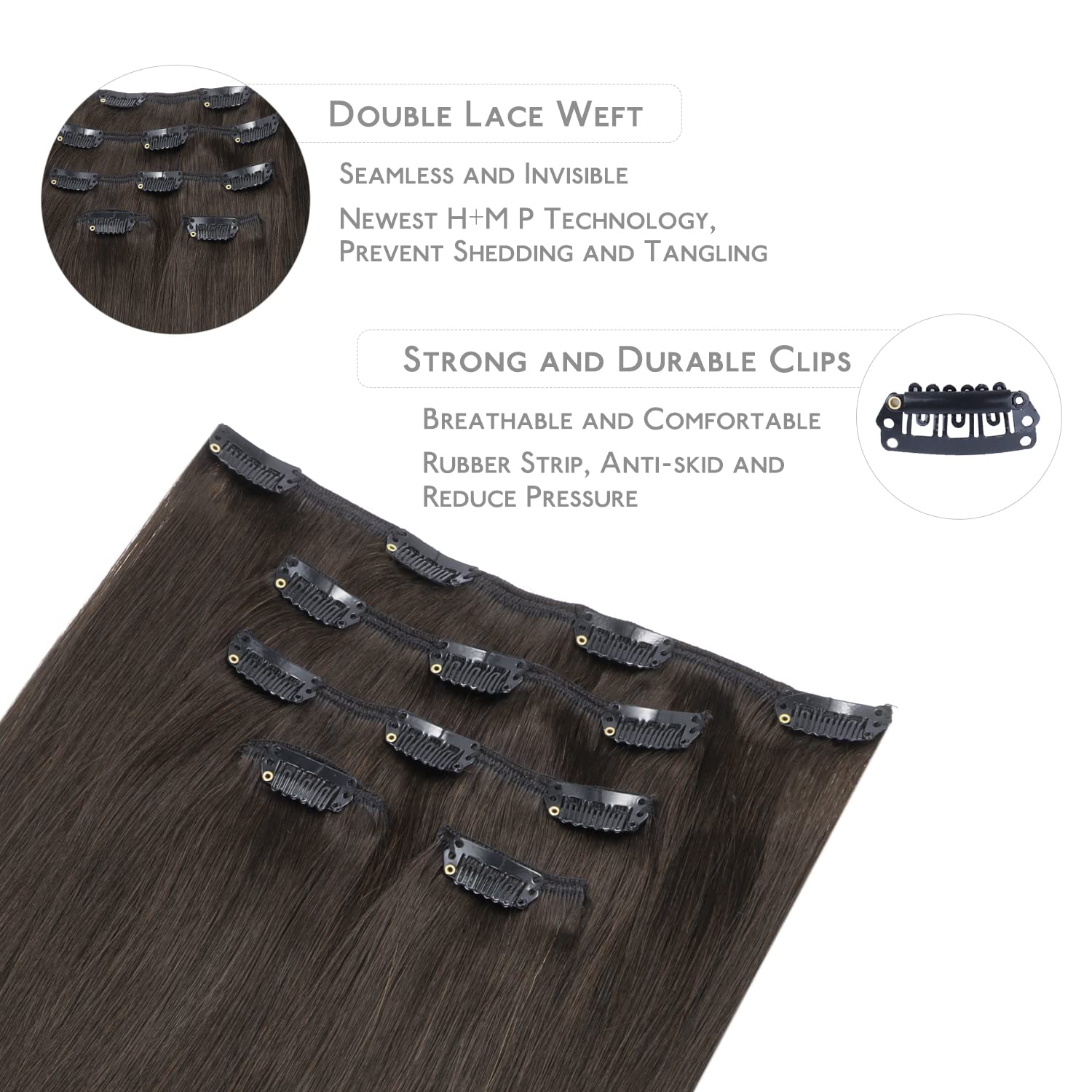 WENNALIFE Extension con clip in capelli veri, 75 g, 5 pezzi, 35 cm, colore marrone scuro - 4