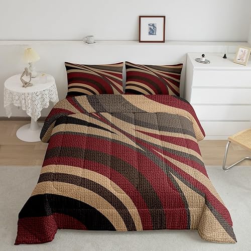 Feelyou Juego de edredón de rayas color burdeos, rojo y marrón, tamaño individual, edredón geométrico para niños y adolescentes, juego de ropa de