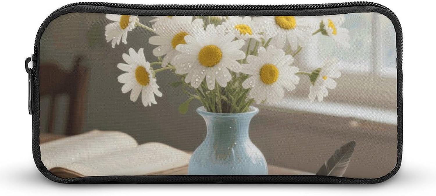 Elegant Spring Daisy Flowers Pencil Case Large Pencil Bag with Zipper