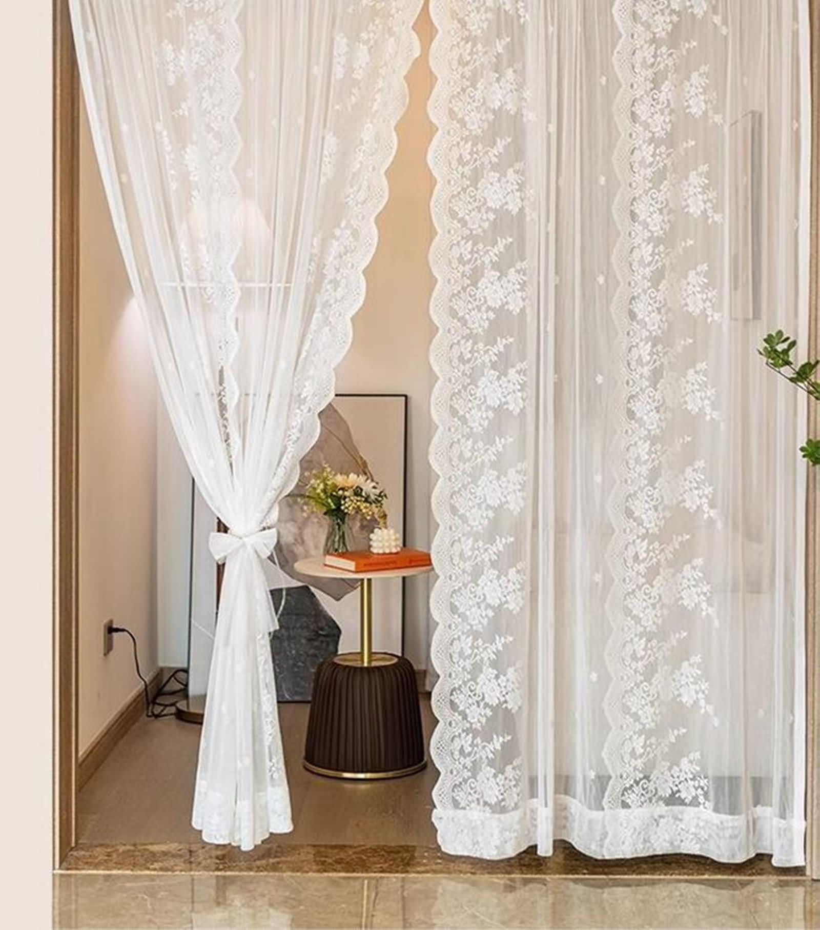 Elegant White Sheer Lace Curtains - 110W x 79L Inch Lightweight Polyester Embroidered Design Ideal for Living Room & Bedroom Modern Home Decor Set of 2 Panels