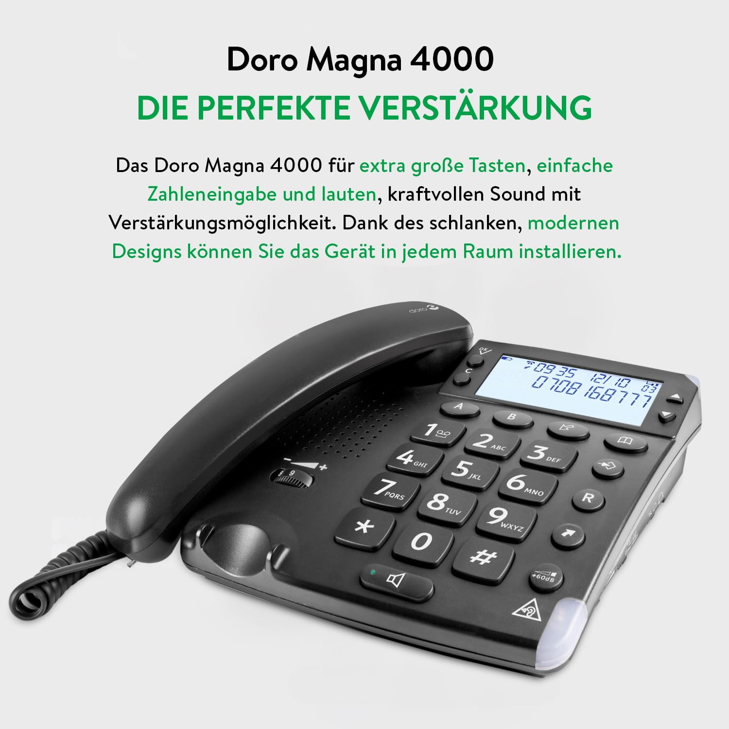 Doro Magna 4000 Schnurgebundenes Großtastentelefon mit großem hintergrundbeleuchtetem Display 6377 Schwarz