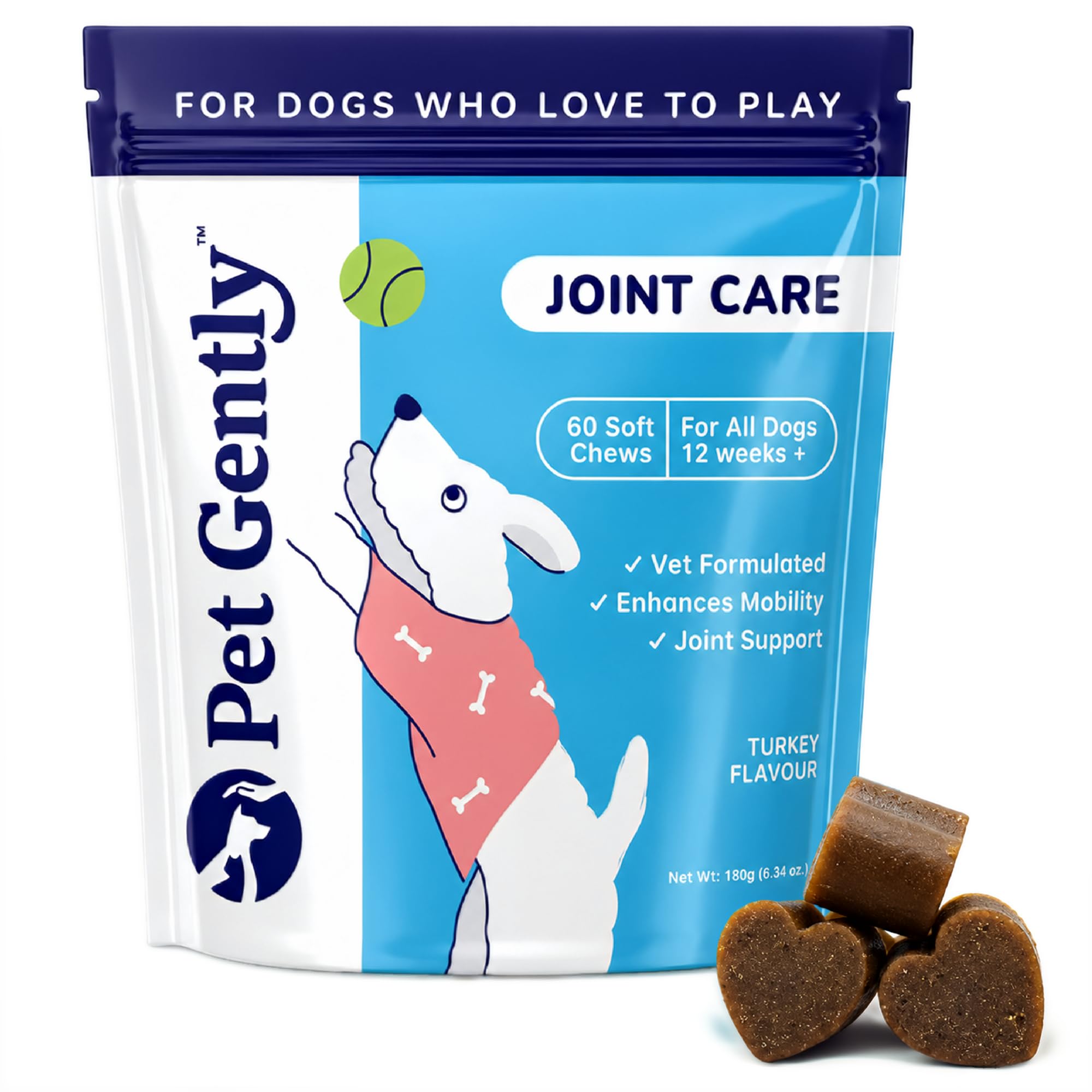 Pet Gently Joint Care Dog Chews - Glucosamine Chondroitin Supplement for All Breeds with Green Lipped Mussel, Turmeric, MSM, Salmon Oil Omega 3 - Advanced Hip Health and Mobility Support, 60 Treats