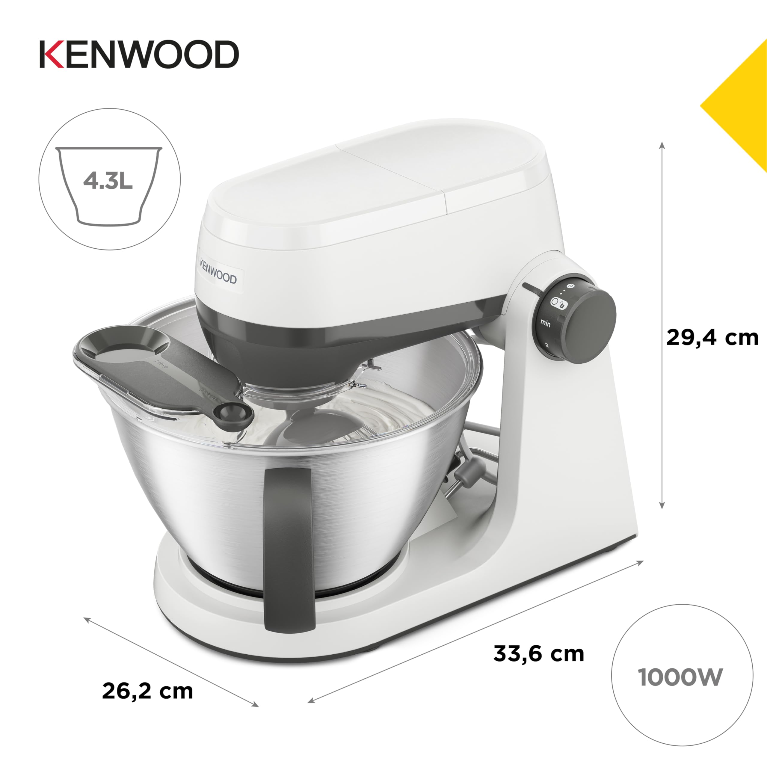 Kenwood Multi Tasker – Impastatrice Planetaria con Testa Sollevabile, Ciotola 4,3L, Capacità 1,7 kg Impasto, con accessorio Frullatore, Attacco Accessori e Paraschizzi, Bianca (KHC30.000WH)