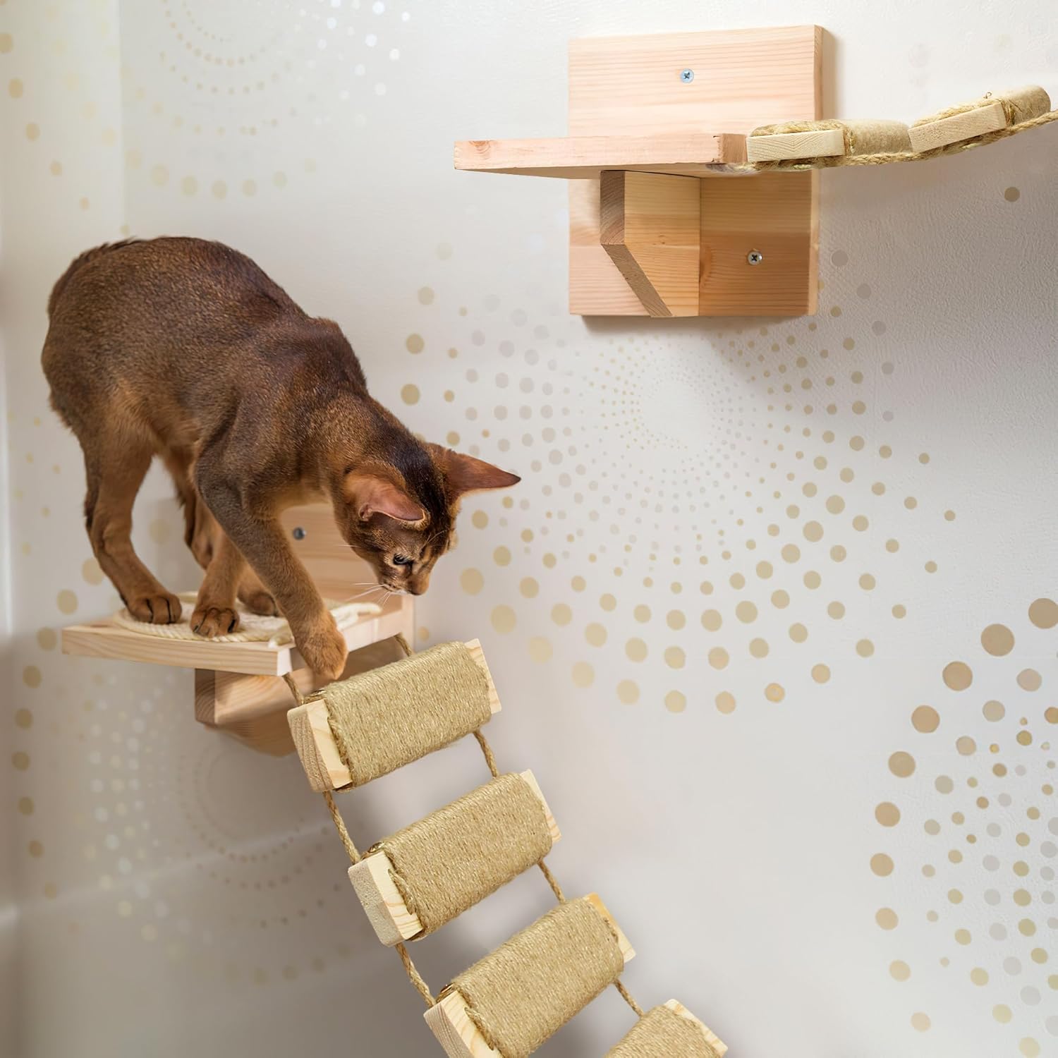 Multi-Functional Cat Ladder & Bridge - Sisal Rope Climbing Frame Wall Furniture for Indoor/Outdoor Cats, Cage Accessories, Parrots, Small Pets (Wood Tone - 40in)