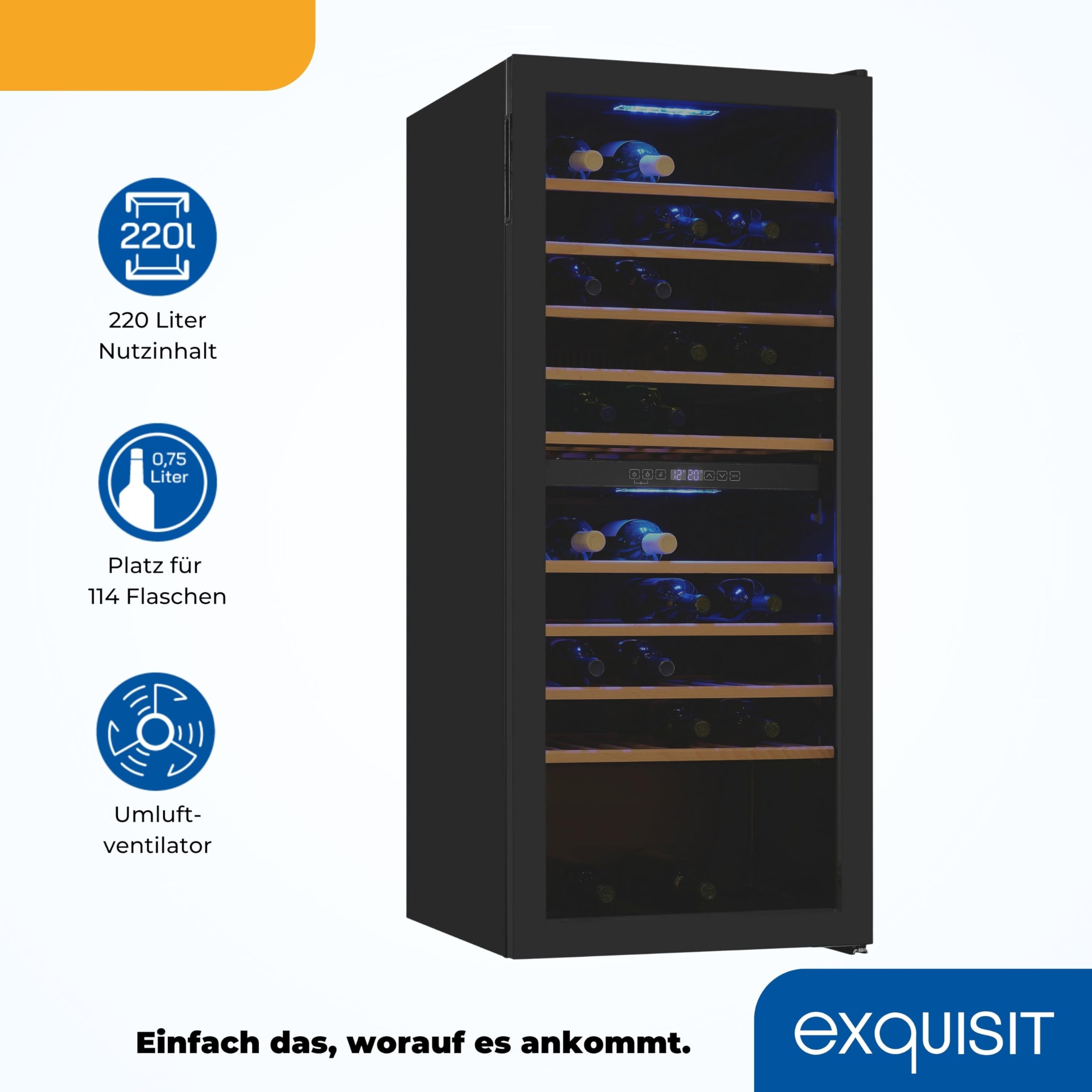 Exquisit Weinkühlschrank 2 Zonen 78 Flaschen 194 Liter Umluftventilator 9 Holzablagen Digitale Temperaturanzeige WS2-78-GTE-160G schwarz