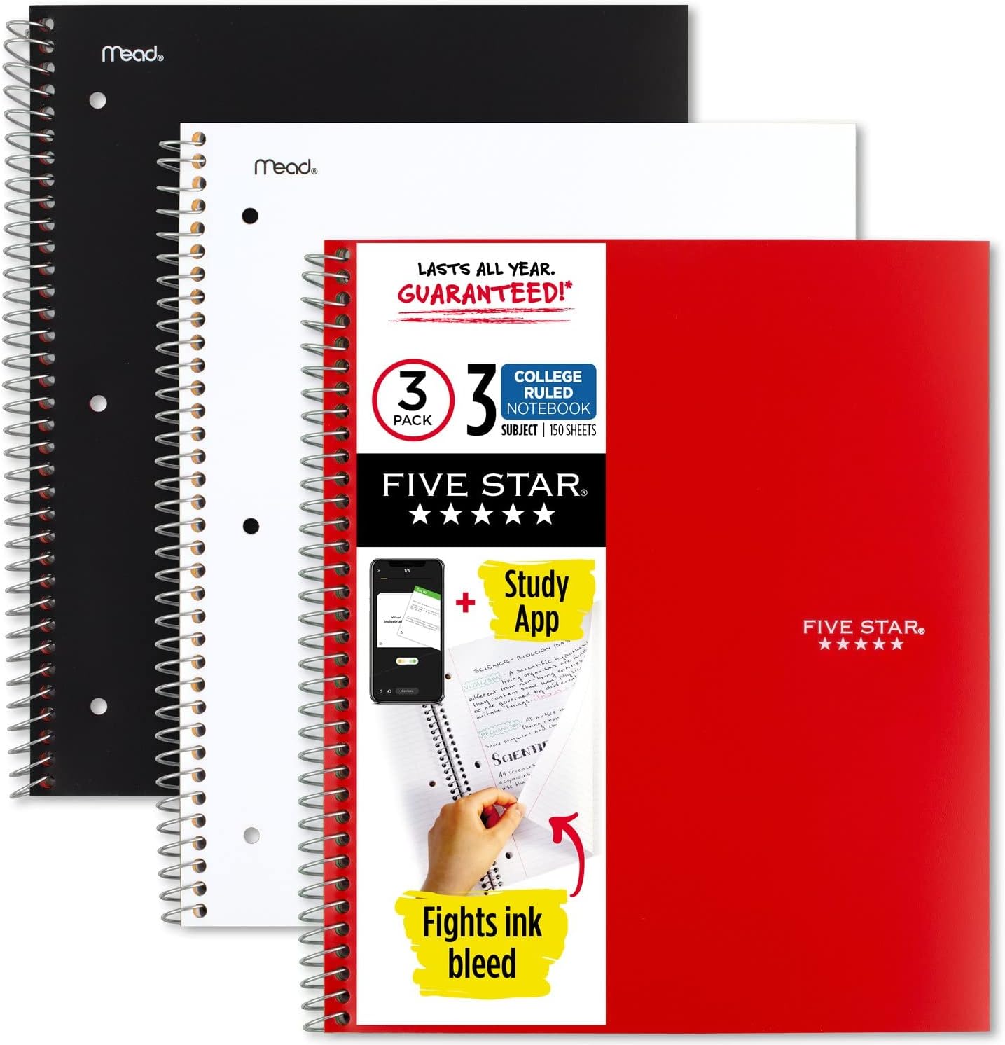 Five Star Spiral Notebooks + Study App, 3 Pack, 3-Subject, College Ruled Paper, 11" x 8-1/2", 150 Sheets, Black, White, & Fire Red (73393)