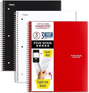 Five Star Cadernos espirais, 3 matérias, papel pautado universitário, 28 x 20 cm, 150 folhas, preto, branco e vermelho (73393)