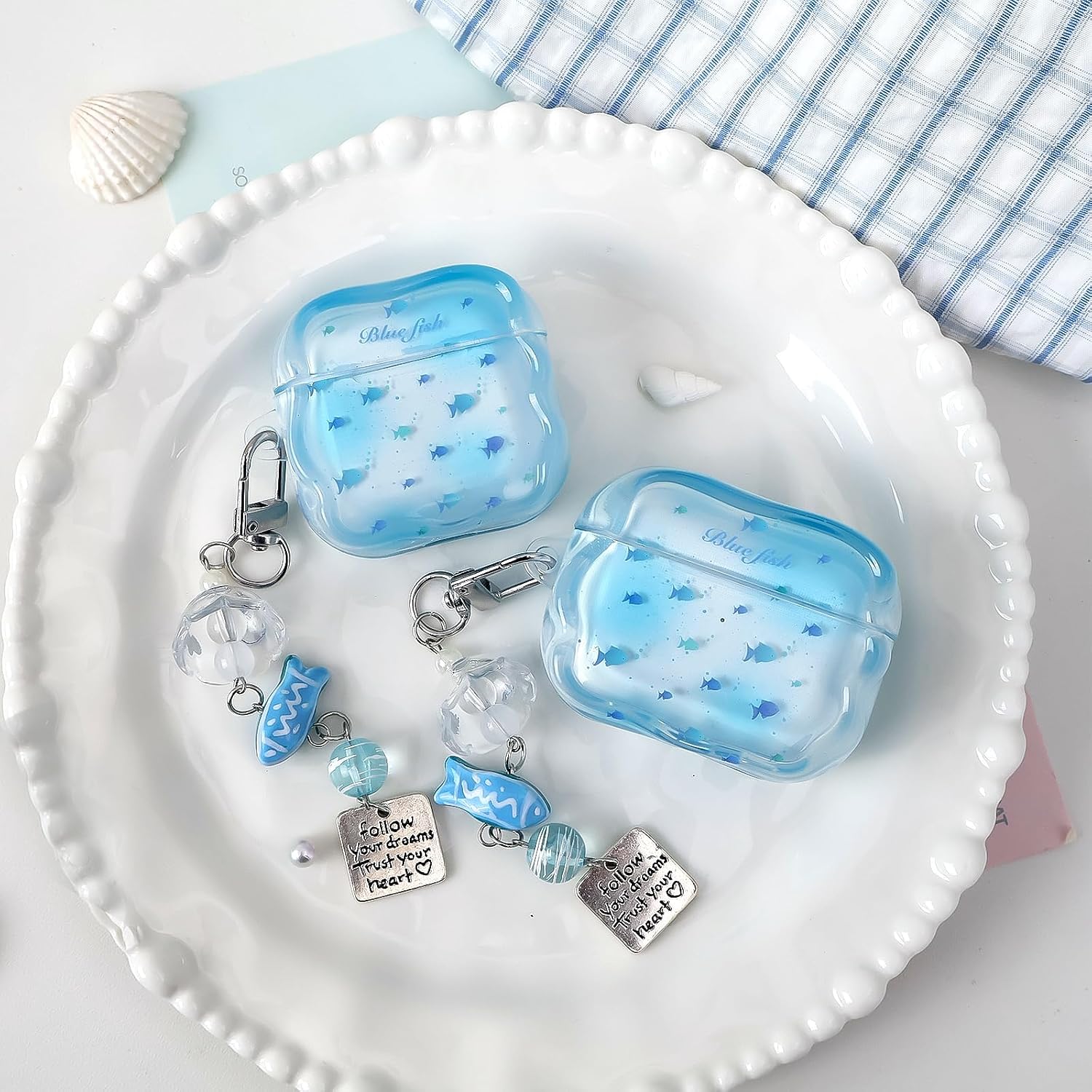 Compatible with AirPods 4 Case Soft TPU with Cleaner Kit Creative Cute Little Fish Star Keychain Shockproof Cover for Airpods 4th Generation(2024) -White Blue image 4