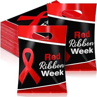 Panelee 100 Pcs Red Ribbon Week Awareness Goody Bags Bulk Red Ribbon Week Treat Bags Red Ribbon Cancer Gift Bag for Aplastic Anemia Awareness Drug Free Awareness Product Stroke Heart Disease