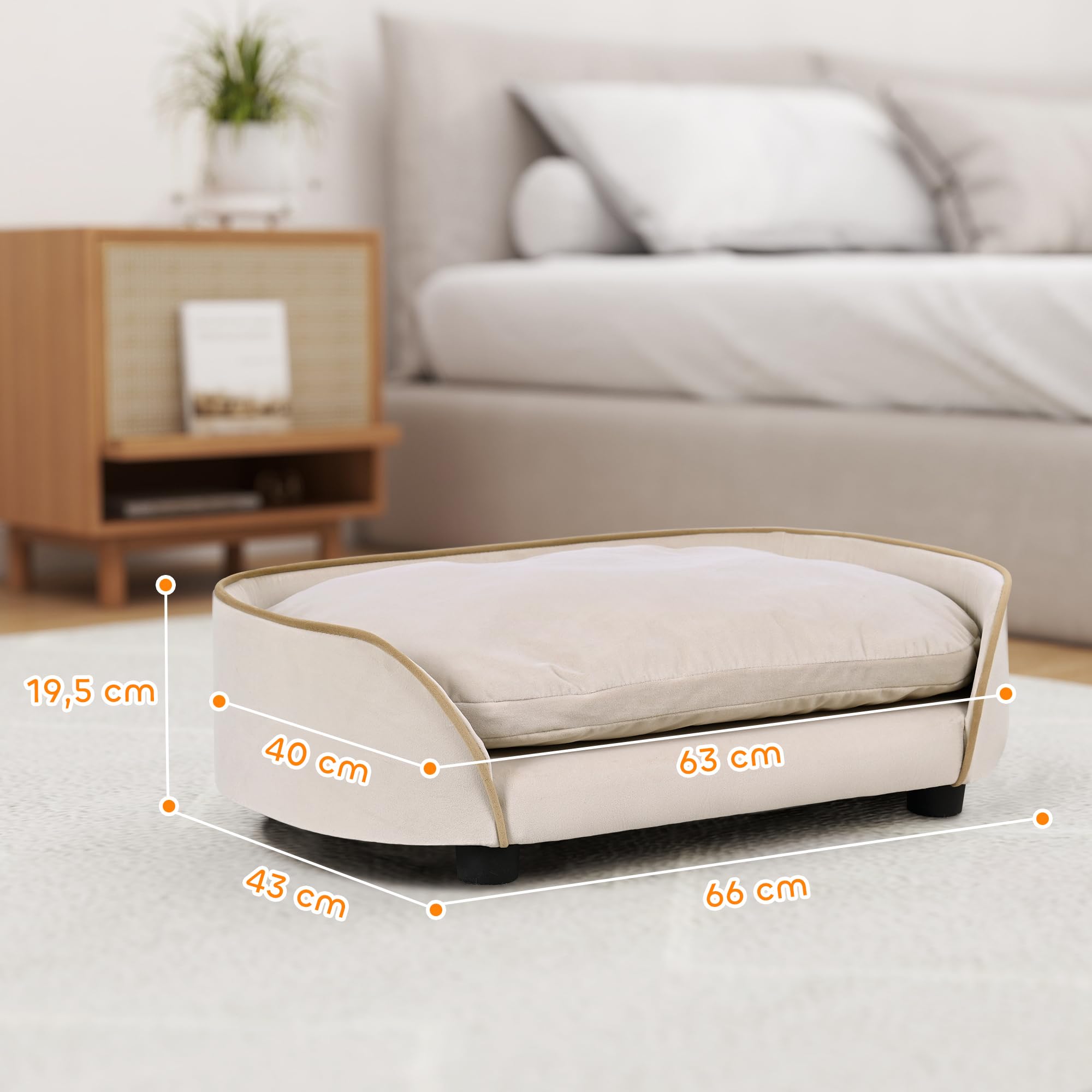 PawHut Canapé pour Chien, canapé pour Animal de Compagnie avec Coussin Amovible et Housse Lavable, en Velours, 66 x 43 x 19,5 cm, Beige