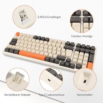 Rii Mechanische Tastatur Kabellos Gaming Retro Tastatur Bluetooth Tri-Modi Tastatur 75 Prozent mit QWERTZ Beige-Grau-Orange dreifarbige Tastatur (BT5.0 + 2.4GHz + Kabel)