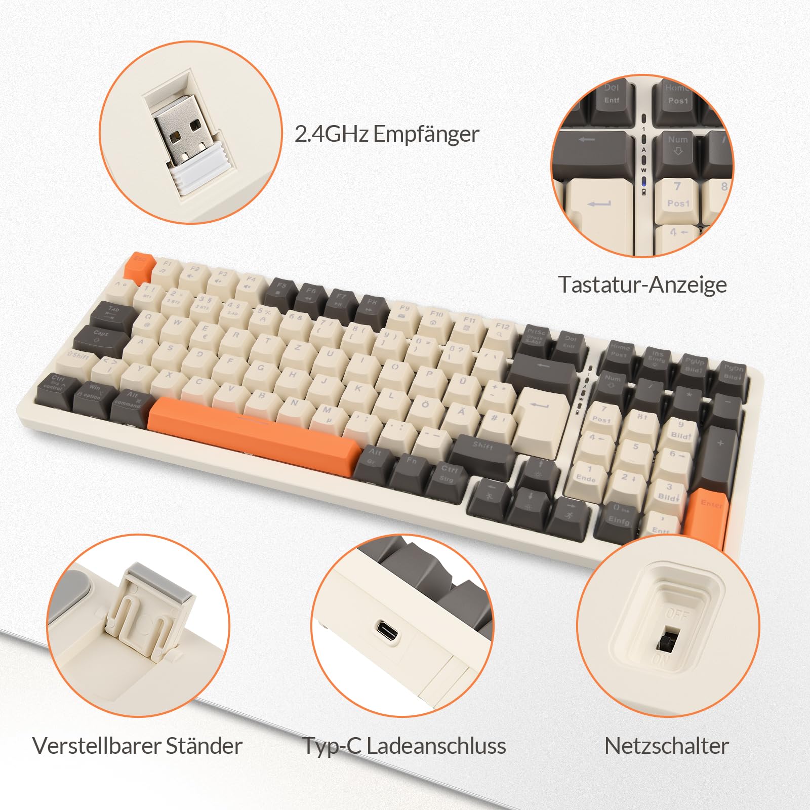 Rii Mechanische Tastatur Kabellos, Gaming Retro Tastatur Bluetooth, Tri-Modi Tastatur 75 Prozent mit QWERTZ, Beige-Grau-Orange dreifarbige Tastatur (BT5.0 + 2.4GHz + Kabel)