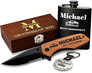 Grand Way Personalized Gift Set - Groomsman Folding Knife, Engraved Hip Flask, Custom Tag, Wooden Box with Monogram - Personalized Idea Gifts for Groomsmen, Best Man Present 6611 Gift Sets