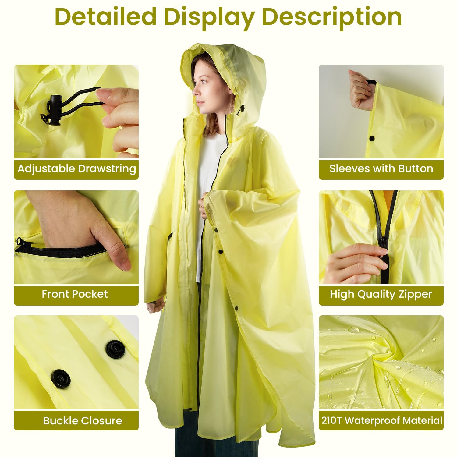 SOPPY Poncho de pluie léger et imperméable pour homme et femme, coupe-vent, réutilisable, indéchirable, respirant avec capuche pour activités de plein air, séchage rapide, taille unique