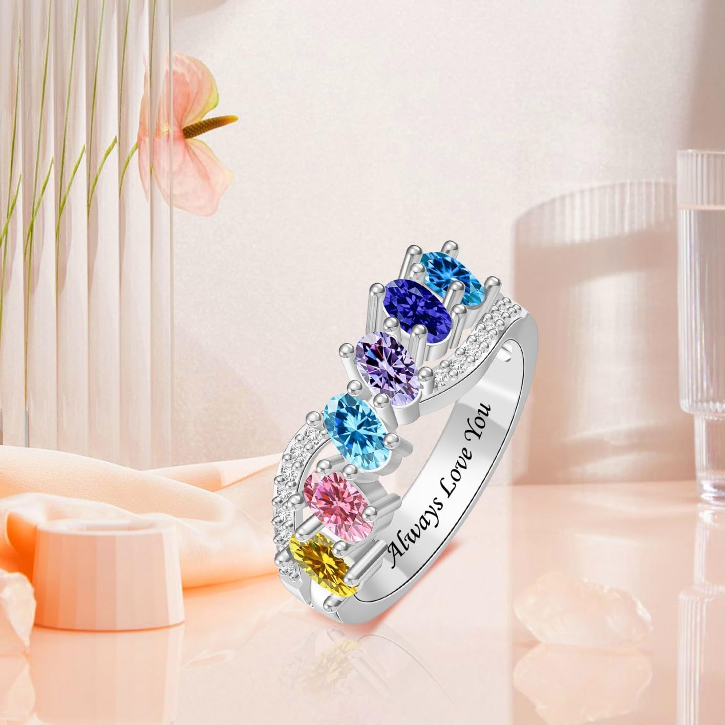 Custom Birthstone Rings for Women - Personalized Infinity Band Mothers Ring - Sterling Silver Family Birthstone Rings