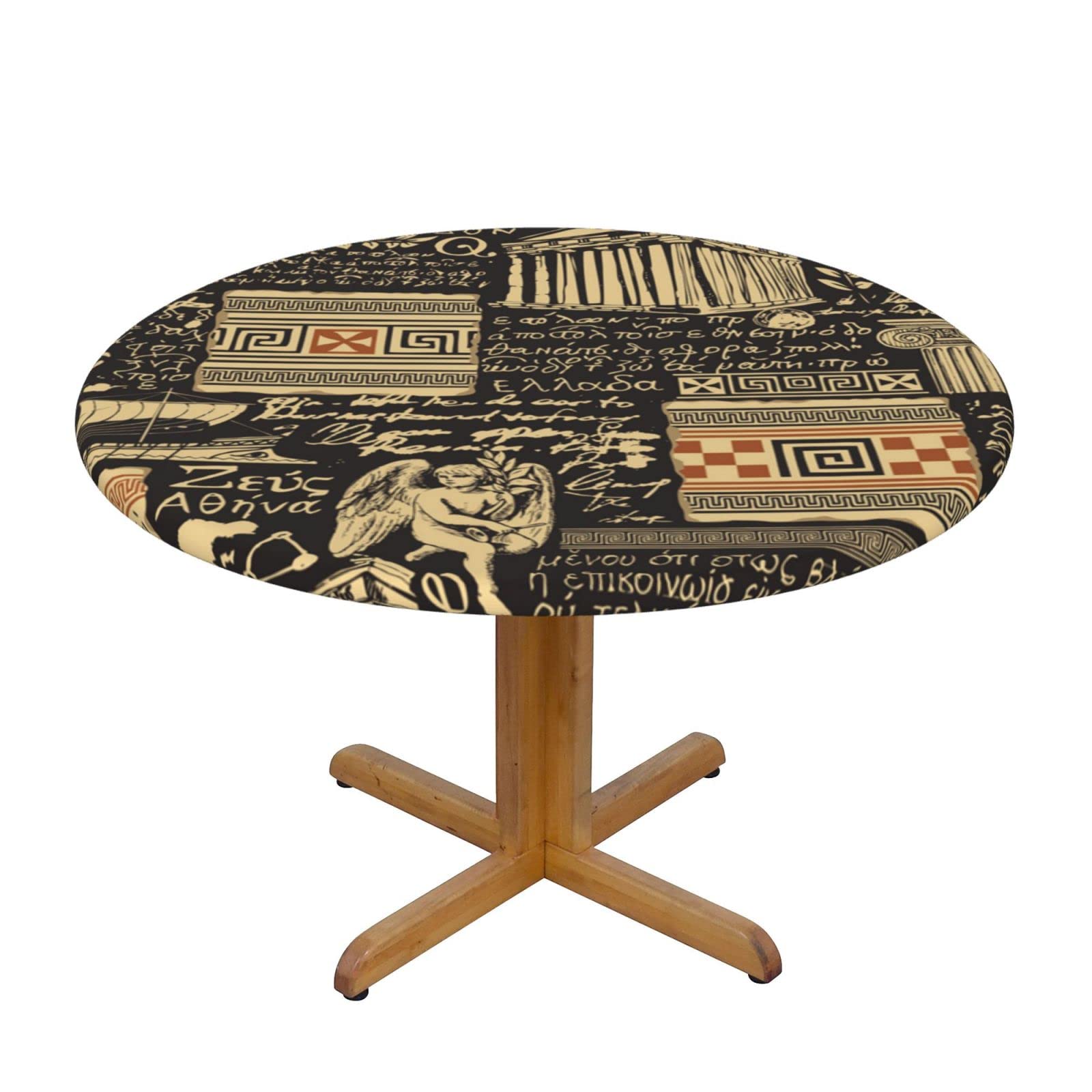 Lsjuee Round Fitted Tablecloth 45-50in Elastic Edged Table Cloth for Kitchen Dining Party Home Decor - Ancient Greece Theme Black