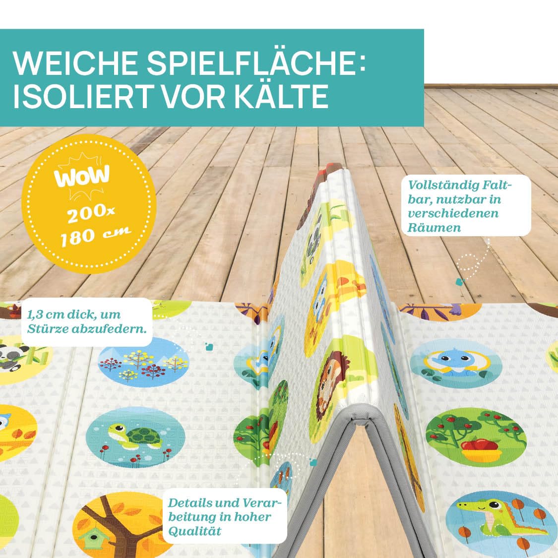 Chicco Krabbelmatte Baby, Extra groß, 200x180 cm, Stärke 1.3 cm, wenbare Spielmatte Baby, mit Tieren und Landschaft, Double Face, faltbar, Superweich und farbenfrohes, für das Kinderzimmer, 0+ Monate