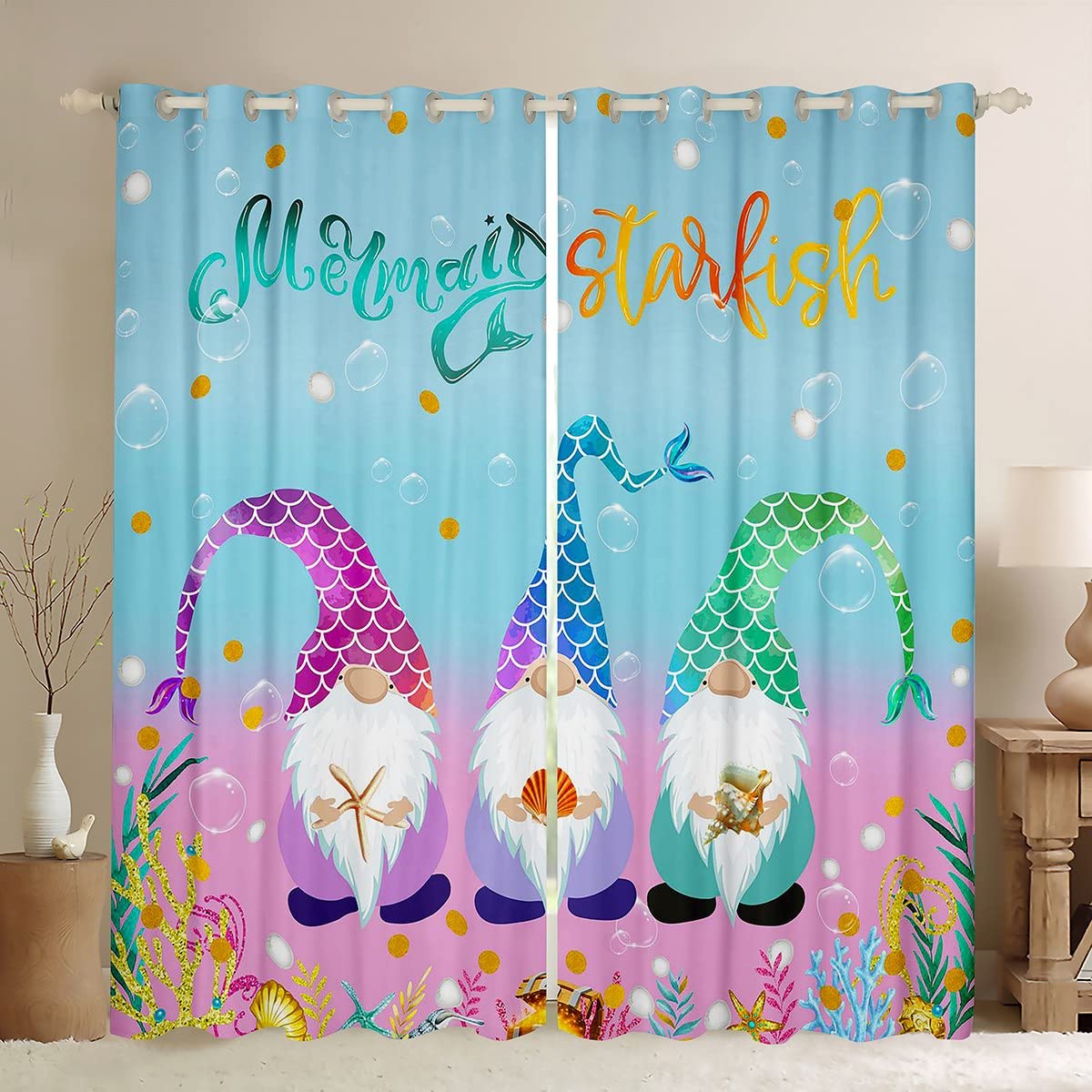 Kids Santa Claus Curtains & Drapes, Mermaid Tail Curtains For Girls Boys Bedroom, Underwater World Window Curtains Christmas Gnome Window Treatments 2 Panels Rainbow Fish Scales Xmas Decor 52