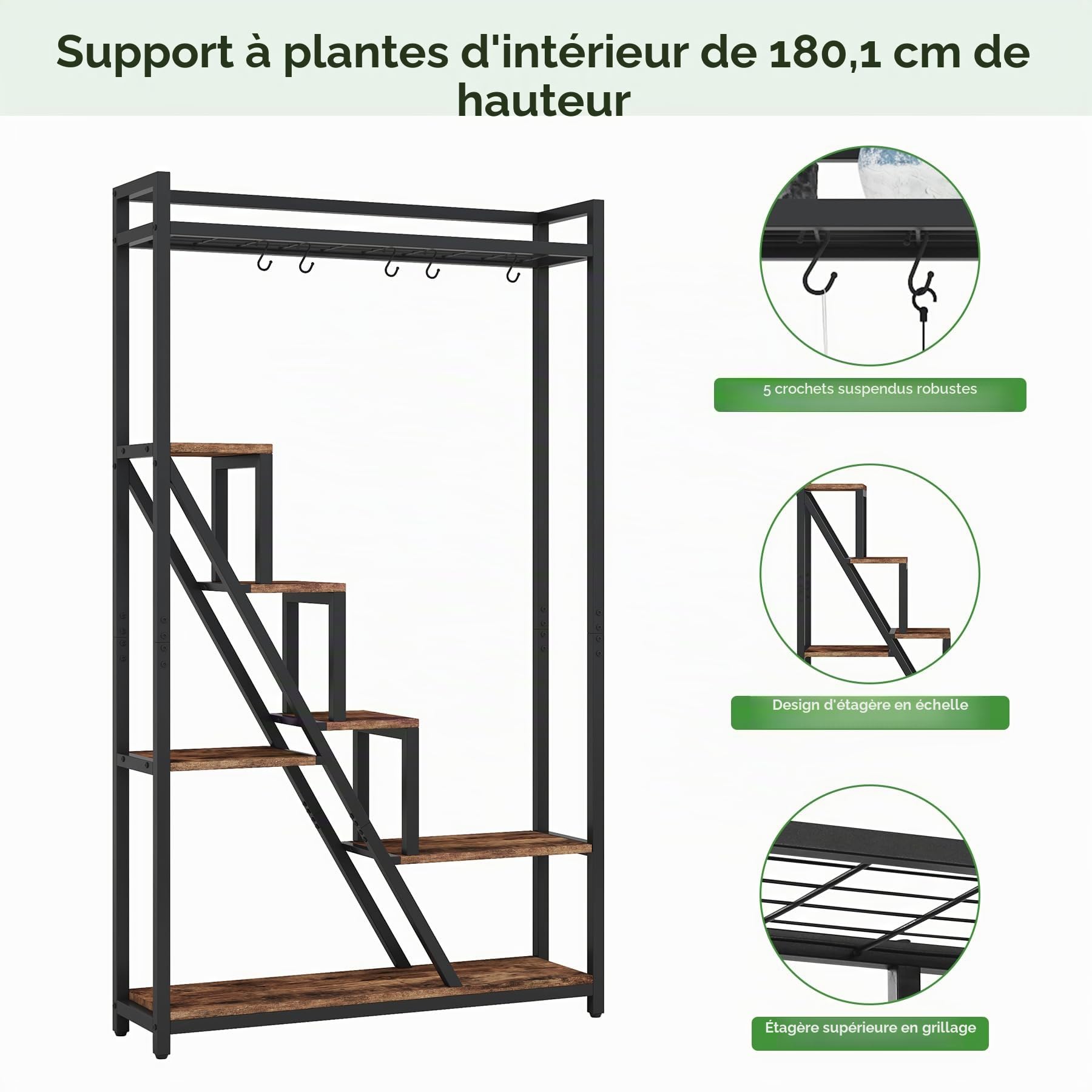 Tribesigns Support pour plantes d'intérieur à 7 niveaux,Grande étagère en métal de 180 cm avec 10 crochets de suspension en S, présentoir pour fleurs, pour intérieur, jardin, balcon, salon (Marron)