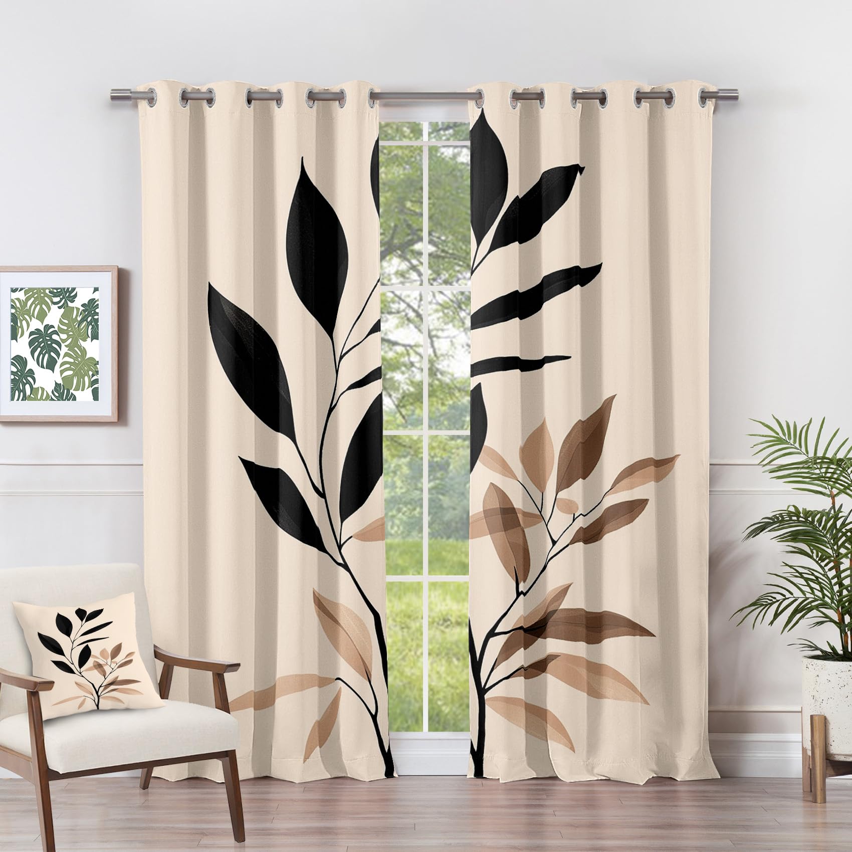 Rideau Occultant Feuilles - Rideau Thermique Motif Feuilles Minimaliste, Rideaux Chambre Salon Fenetre, Lot de 2 Rideaux et Draperies Intérieurs à Oeillets, 140x240 cm (LxH) M#-516