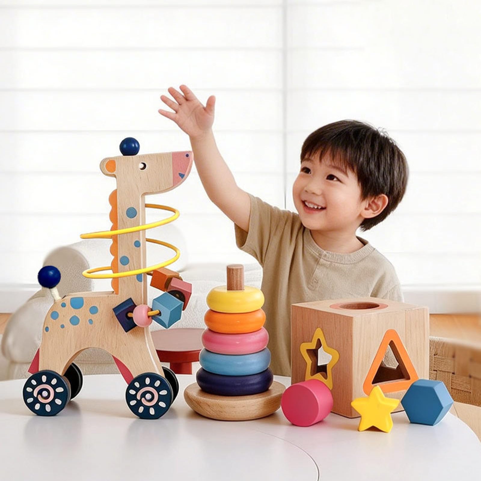 Interaktives Holzpuzzle für Kinder, Formensortieren, Bunte Perlen und Formenerkennungsaktivitäten, Reisepuppen für Kleinkinder