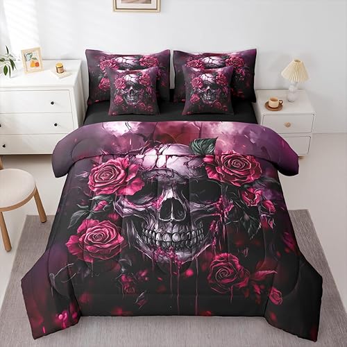 Erosebridal Pink Valentine 7 Piece Bedding Set Sugar Skull Rose Flowers Comforte