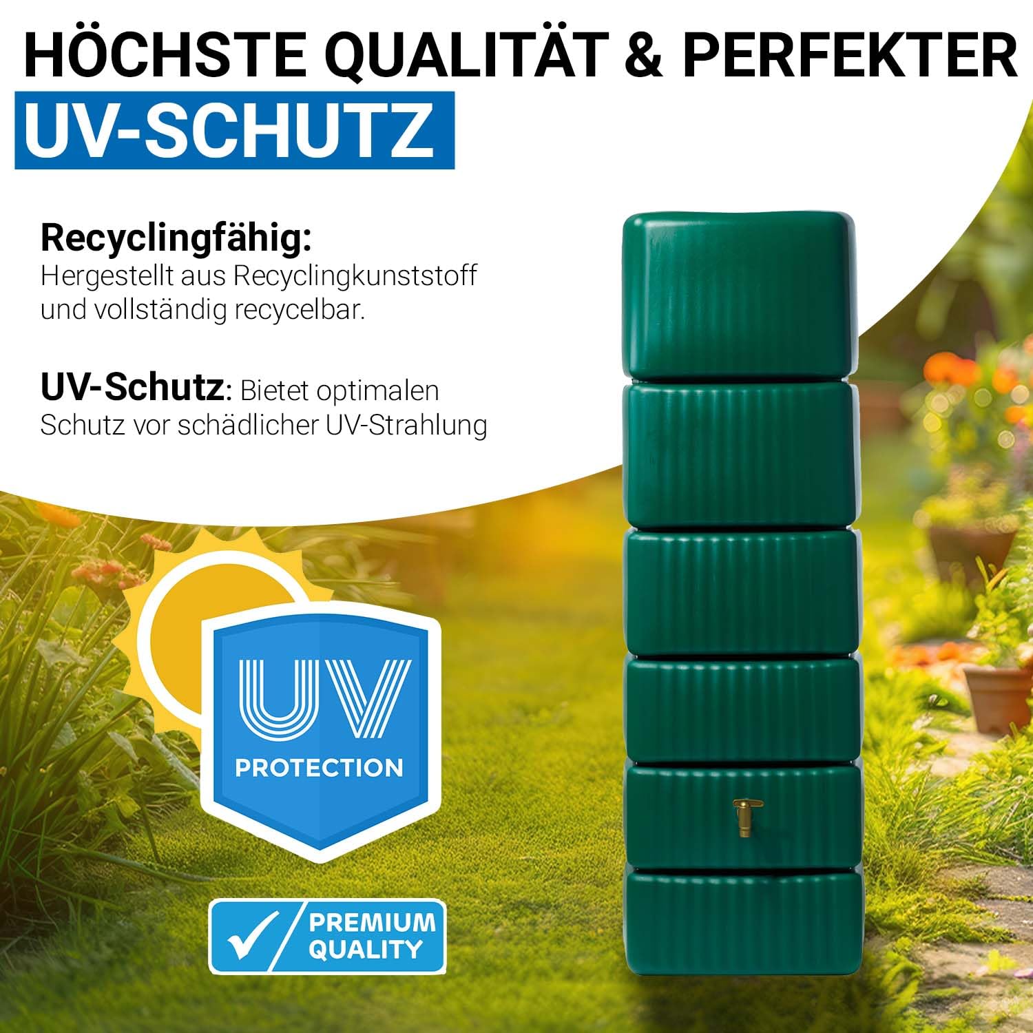 4rain Slim Regentonne Wandtank 330 Liter dunkelgrün - platzsparend für Gartenbewässerung - mit Auslaufhahn und Deckelöffnung zur Entnahme - aus Recyclingkunststoff mit starkem UV-Schutz im Freien