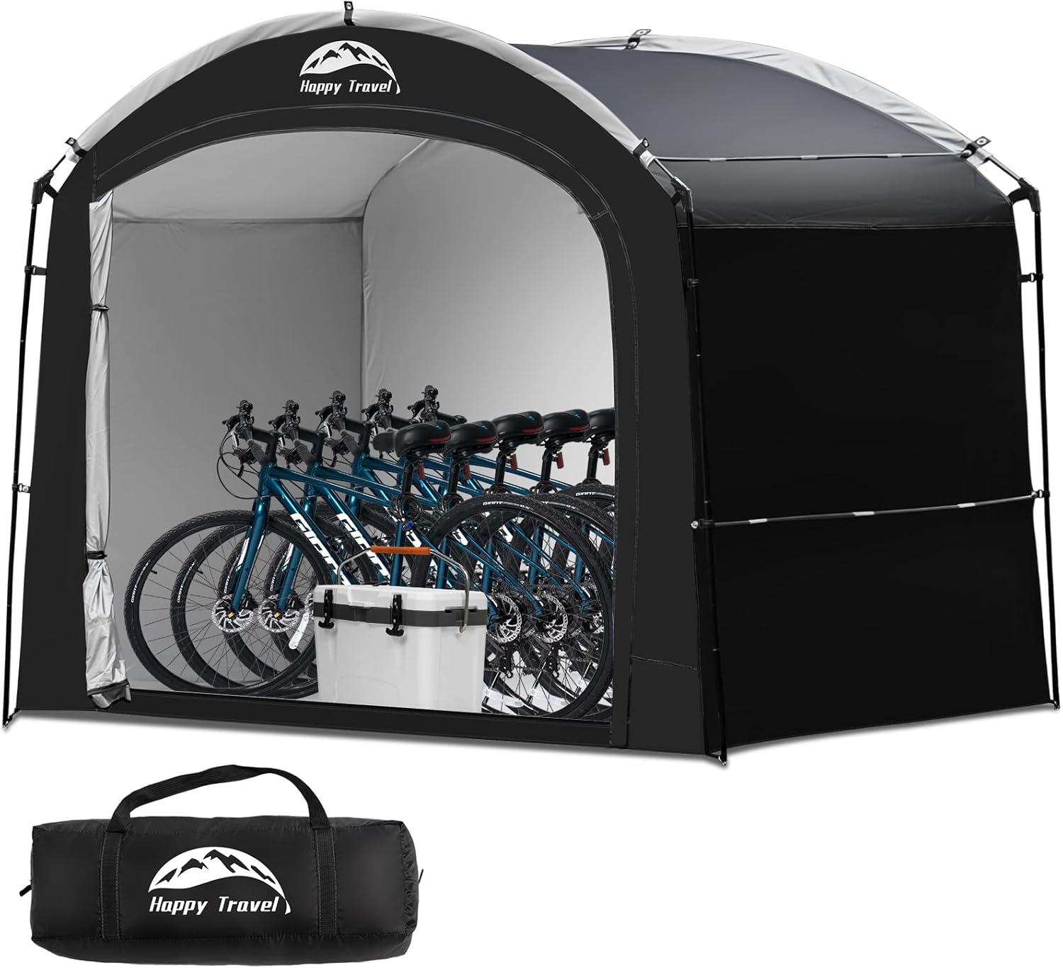 Happy Travel Bike Storage Shed Tent, Waterproof Portable Bicycle Cover with 30% More Top Storage Space for 2/3/4/5 Bikes,Clips Easy Setup Outdoor Sheds Shelter for Motorcycle, Garden Tools, Lawn Mower